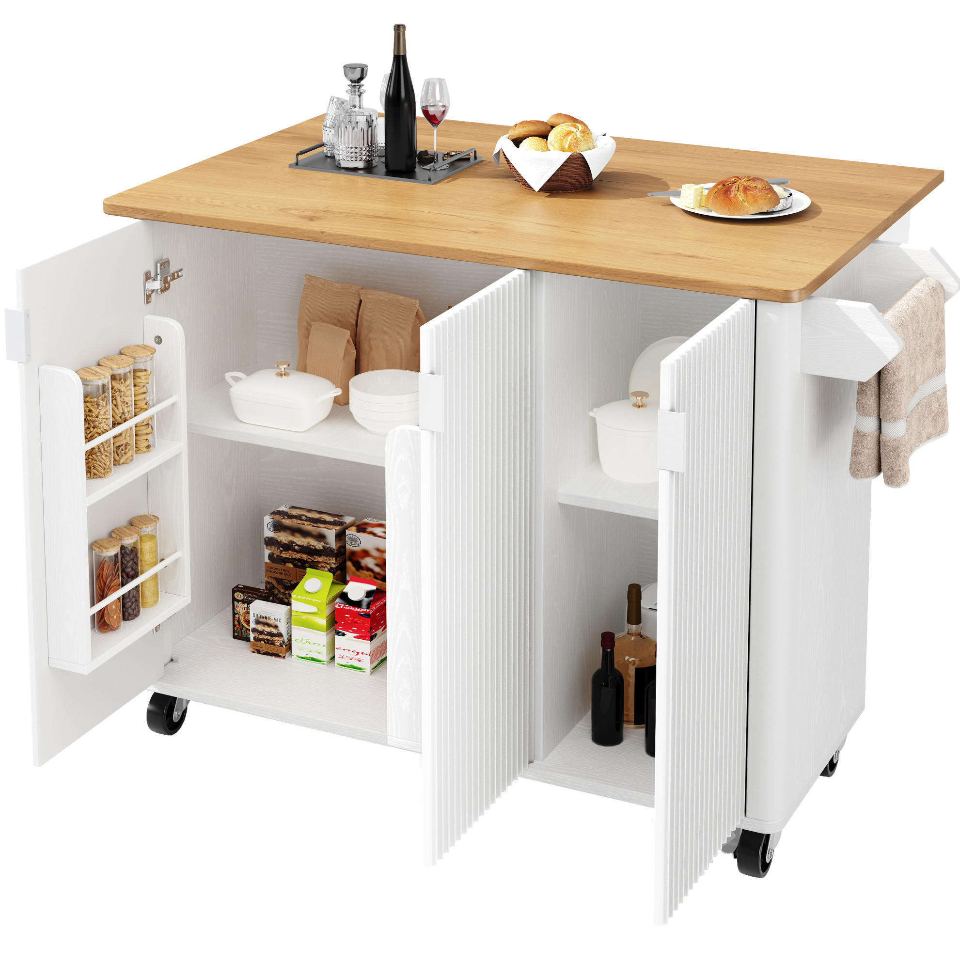 KÜCHENINSEL aus MDF mit klappbarer Platte & Stauraum, 130/45(75)/92 cm, Weiß - Weiß, Holzwerkstoff (130/92/45cm) - Redom