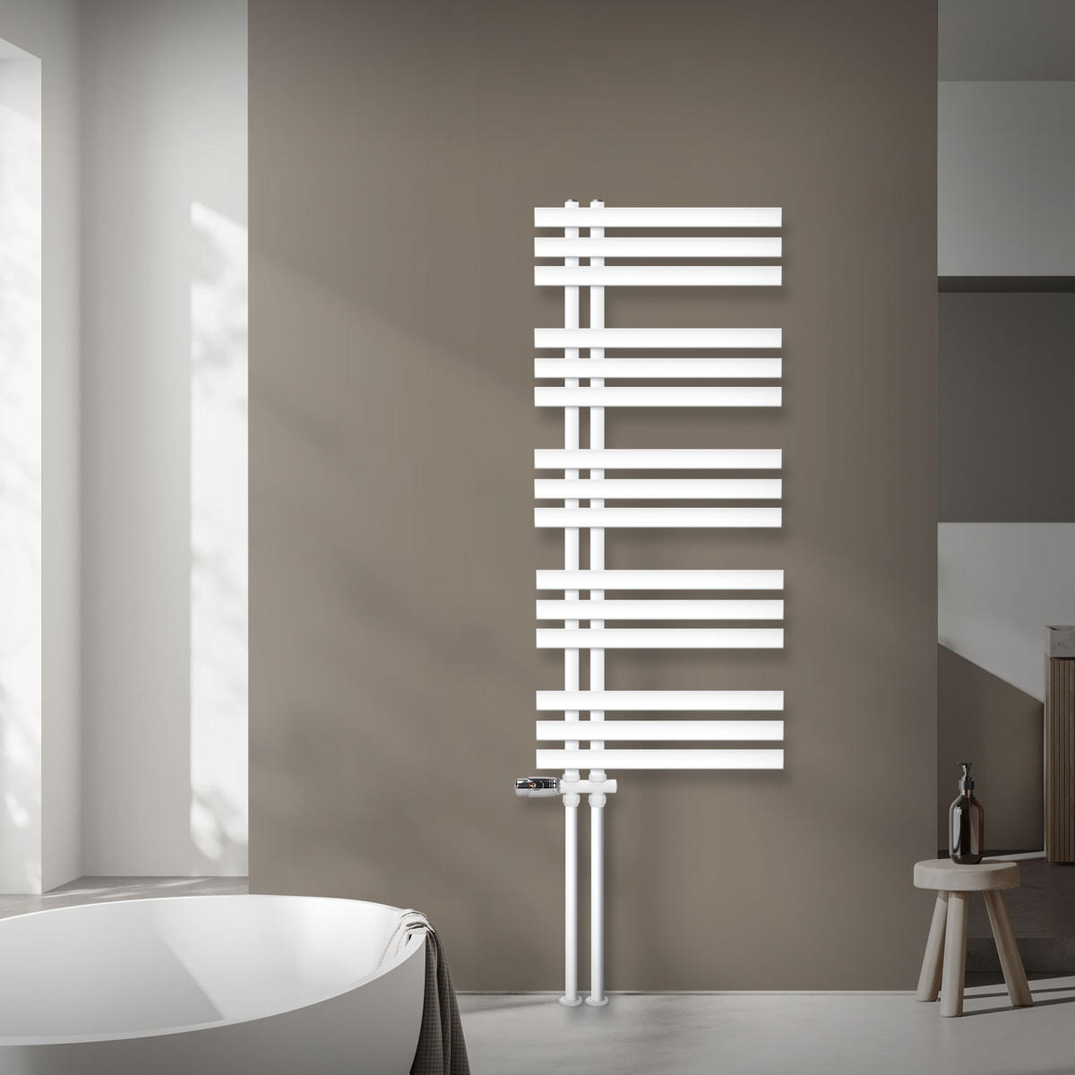 KOUPELNOVÝ radiátor Iron EM 500 × 1200 mm, bílý, s průchozím ventilem - bílá, kov (50/120/3cm) - LuxeBath