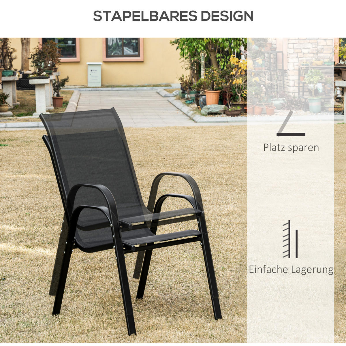 GARTENSTUHL, Essstühle, 2er-Set, mit Armlehne, Metall, Textil-Gewebe, Schwarz - Schwarz, Textil/Metall (54/90/70cm) - Outsunny