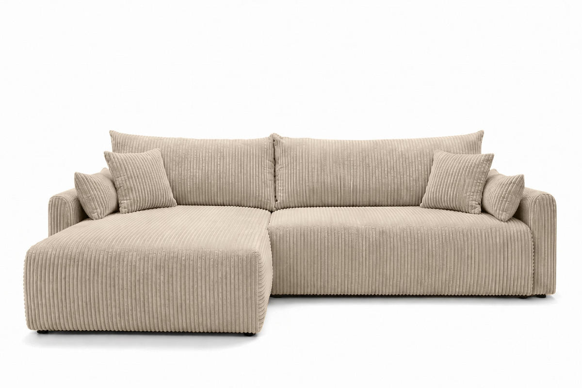 ECKSOFA Mit Schlaffunktion, Cordstoff Poso, Dunkelbeige, Links, JAPANDI - Beige, Holz (262/145cm) - Kaiser Möbel