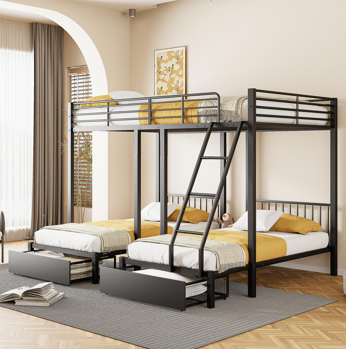 ETAGENBETT 140/200 cm & 2x 90/200 cm aus Metall mit Schubladen, teilbar - Schwarz, Metall (140/200cm) - BEAOK