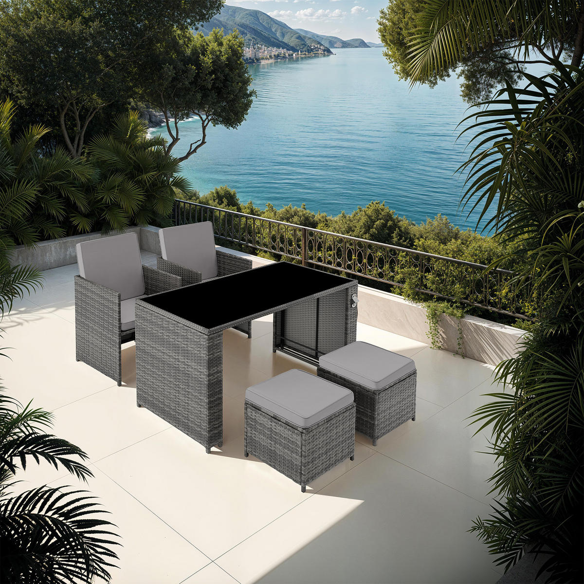 RATTAN SITZGRUPPE Palermo,inklusive Flaschenöffner, zusammenschiebbar,grau - Grau, Kunststoff - tectake