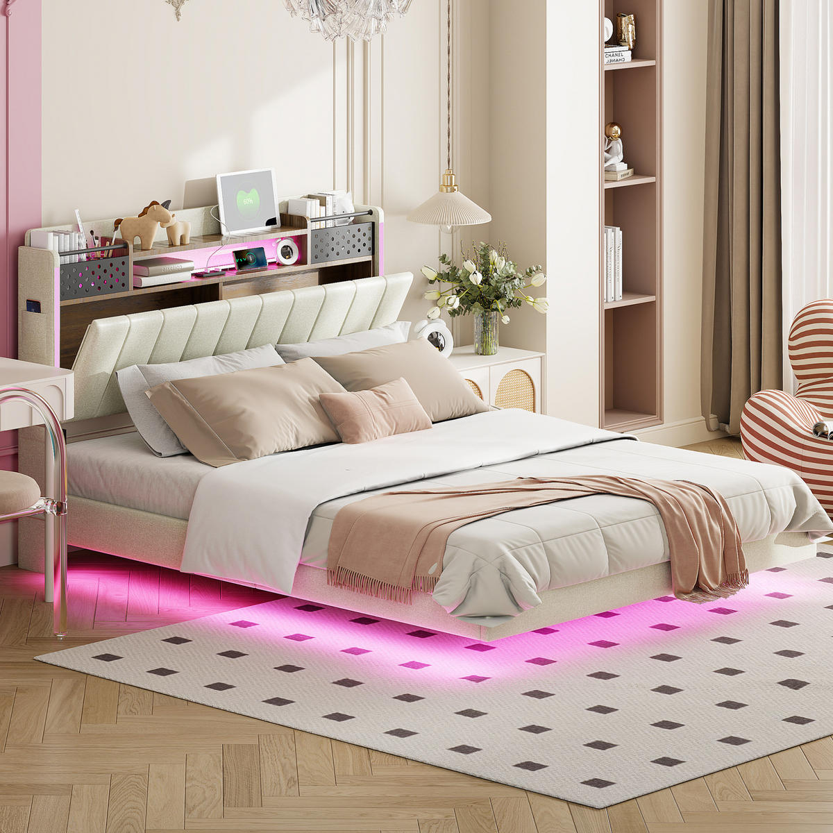 POLSTERBETT mit USB, LED und Stauraum 140x200 cm Leinenstoff Beige - Beige, Metall (140/200cm) - Meubliv