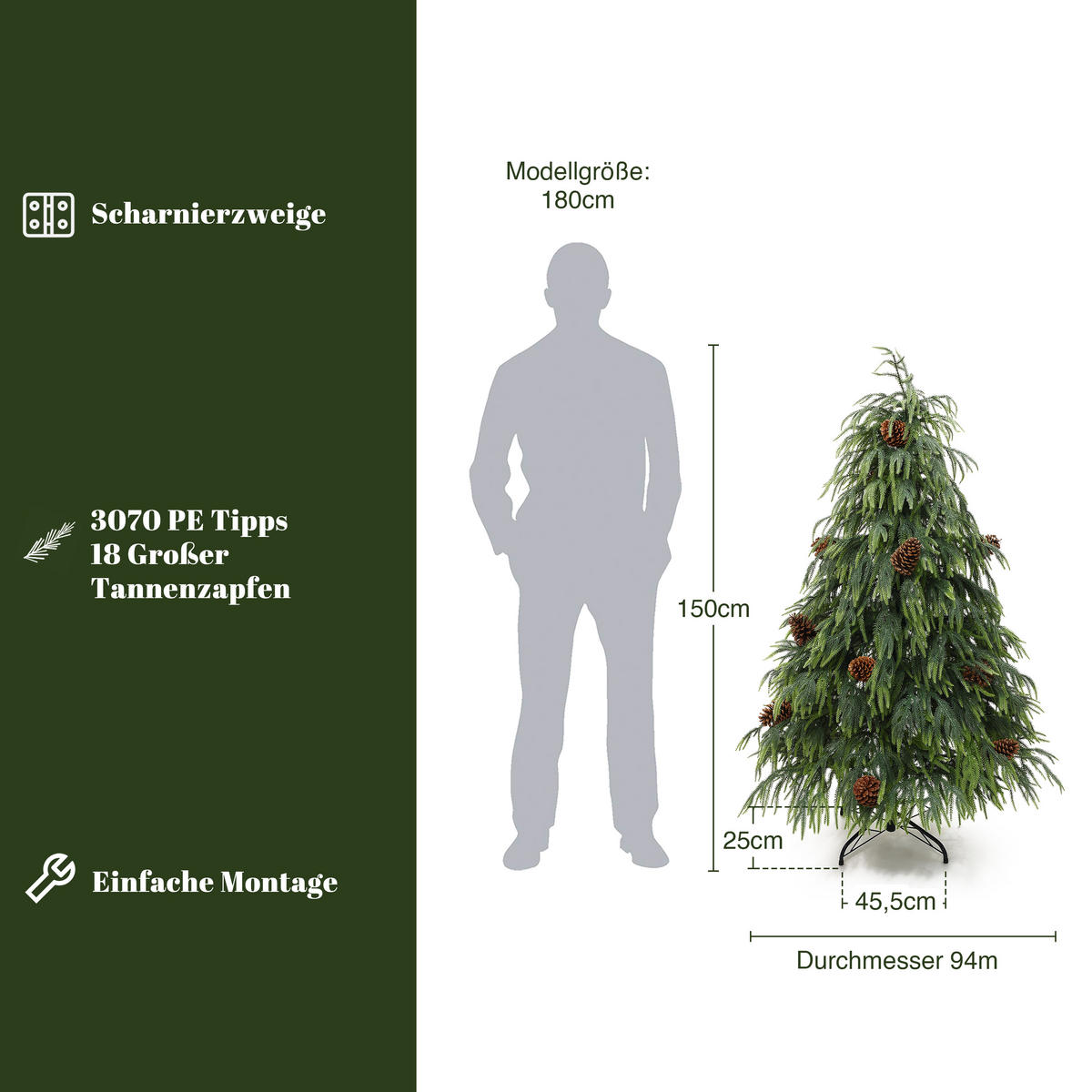 WEIHNACHTSBAUM 150 cm Norfolk-Optik, 3070 PE-Zweigspitzen - Grün, Kunststoff (150cm) - Hometopia