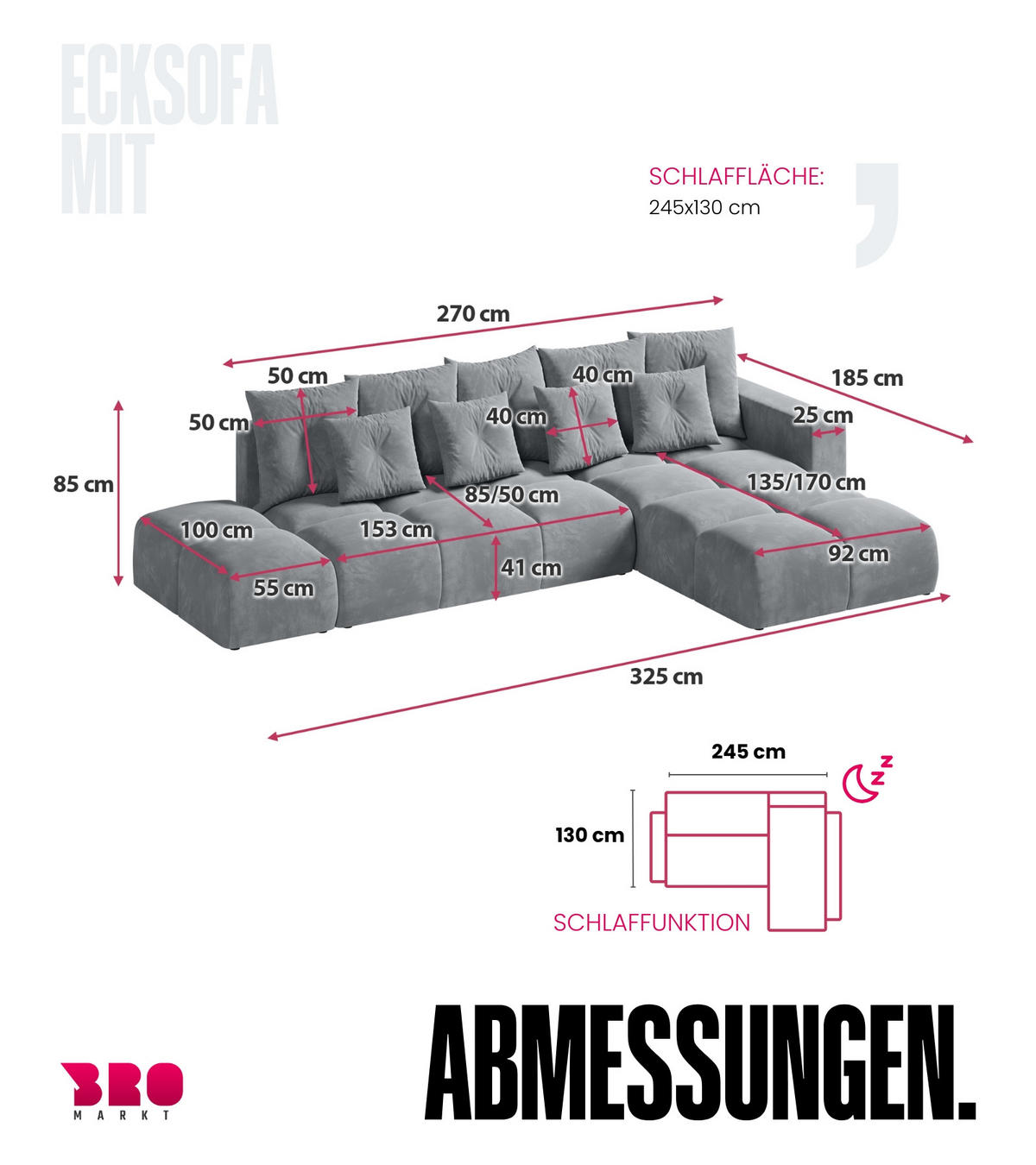 ECKSOFA mit Schlaffunktion RAMIRO Hellgrau - Grau, Textil (325/185cm)