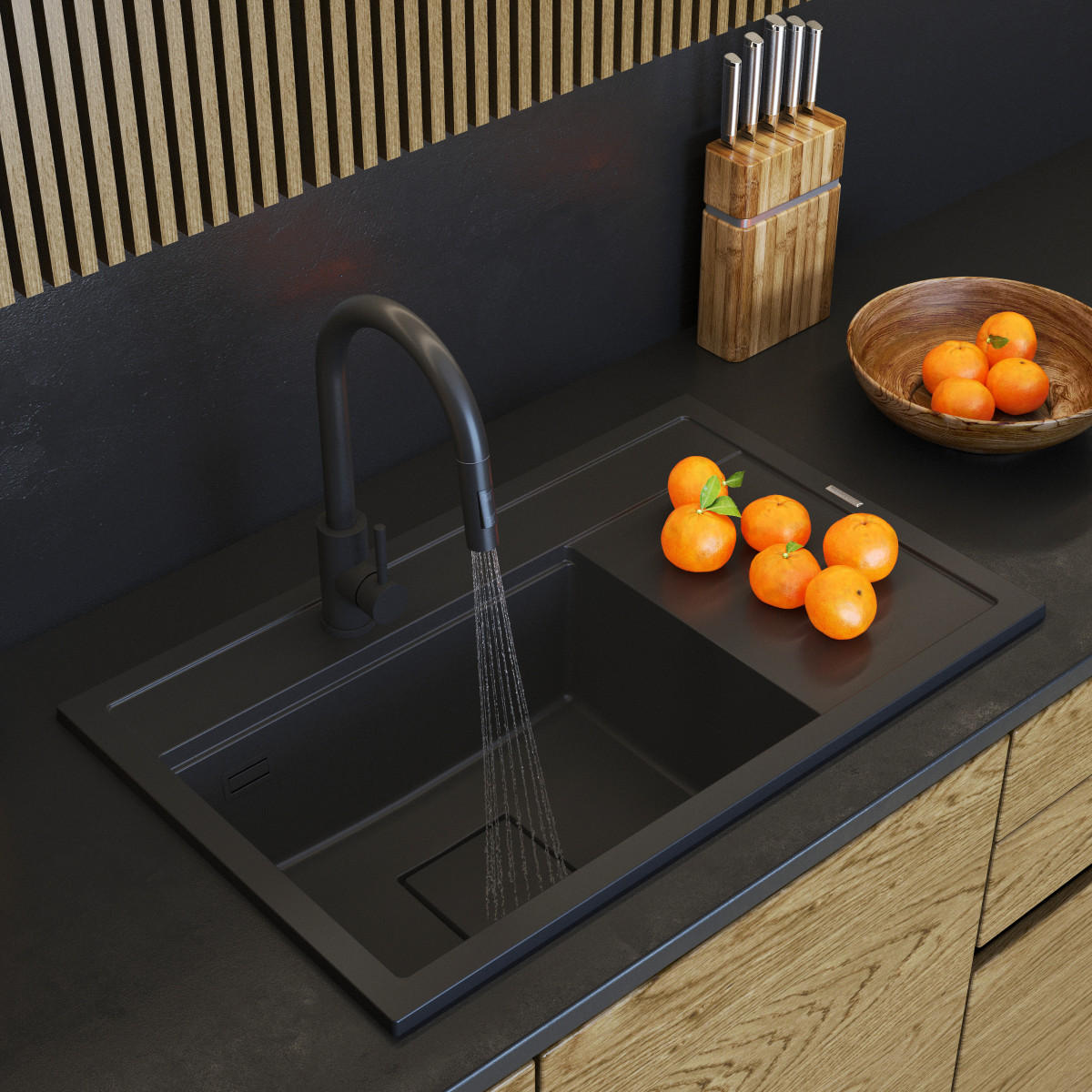 KÜCHENSPÜLE Rendo mit Siphon Batterie - Schwarz, Kunststoff/Stein (51/22/81cm) - Granitan