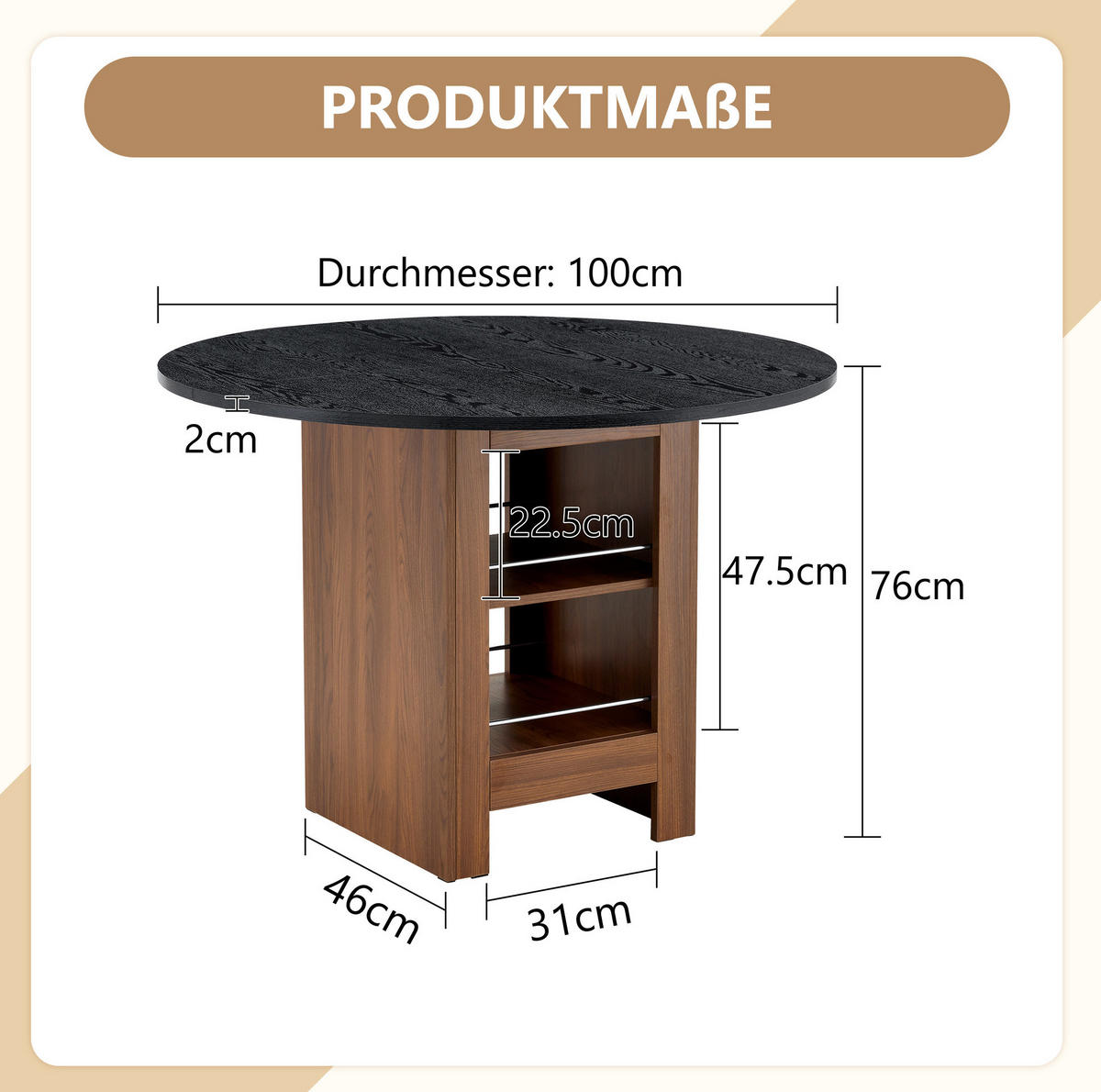 ESSTISCH 100/100/76 cm mit Stauraumregal und MDF-Tischplatte, Walnuss/Schwarz - Schwarz, Holzwerkstoff (100/100/76cm) - Redom