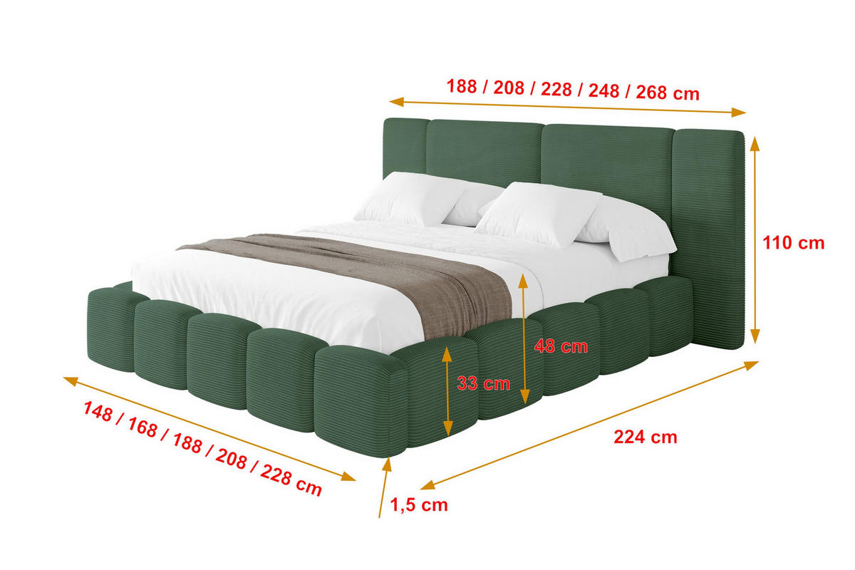 POLSTERBETT mit Bettkasten und Lattenrost, Bett mit Matratze H3/H4 - NILO 140x200 Grün - Grün, Holzwerkstoff/Textil (140/200cm) - ALTDECOR