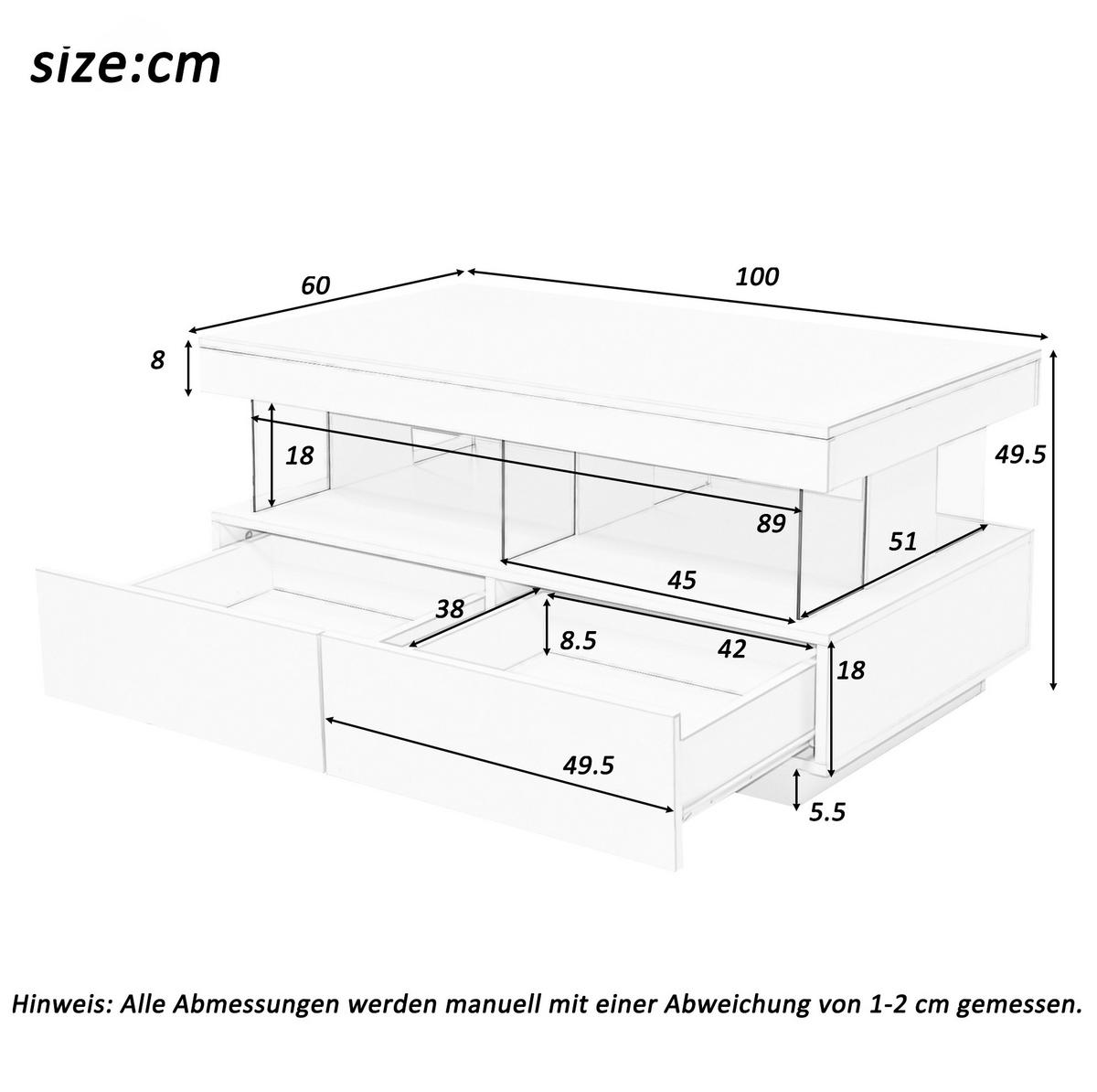 COUCHTISCH aus Spanplatte 100x60x49,5 cm in Weiß mit LED-Beleuchtung - Weiß, Holzwerkstoff (100/60/49.5cm) - Modfu
