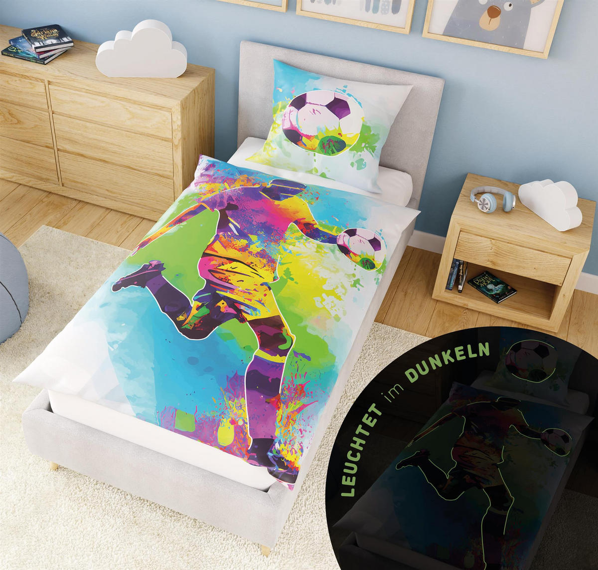 KINDERBETTWÄSCHE 135x200 cm Fussball aus 100% Baumwolle - Leuchtet um Dunkeln - Grün, Textil (135/200cm) - Carpe Sonno