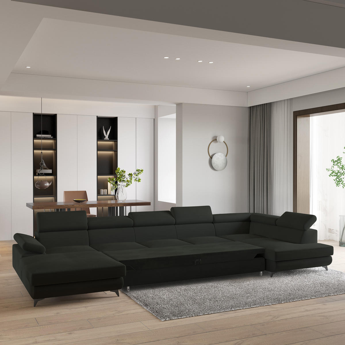 WOHNLANDSCHAFT MONTIVA Schwarz Velours-Stoff mit Schlaffunktion - Schwarz, Holz (410/89/190cm) - MASSENO