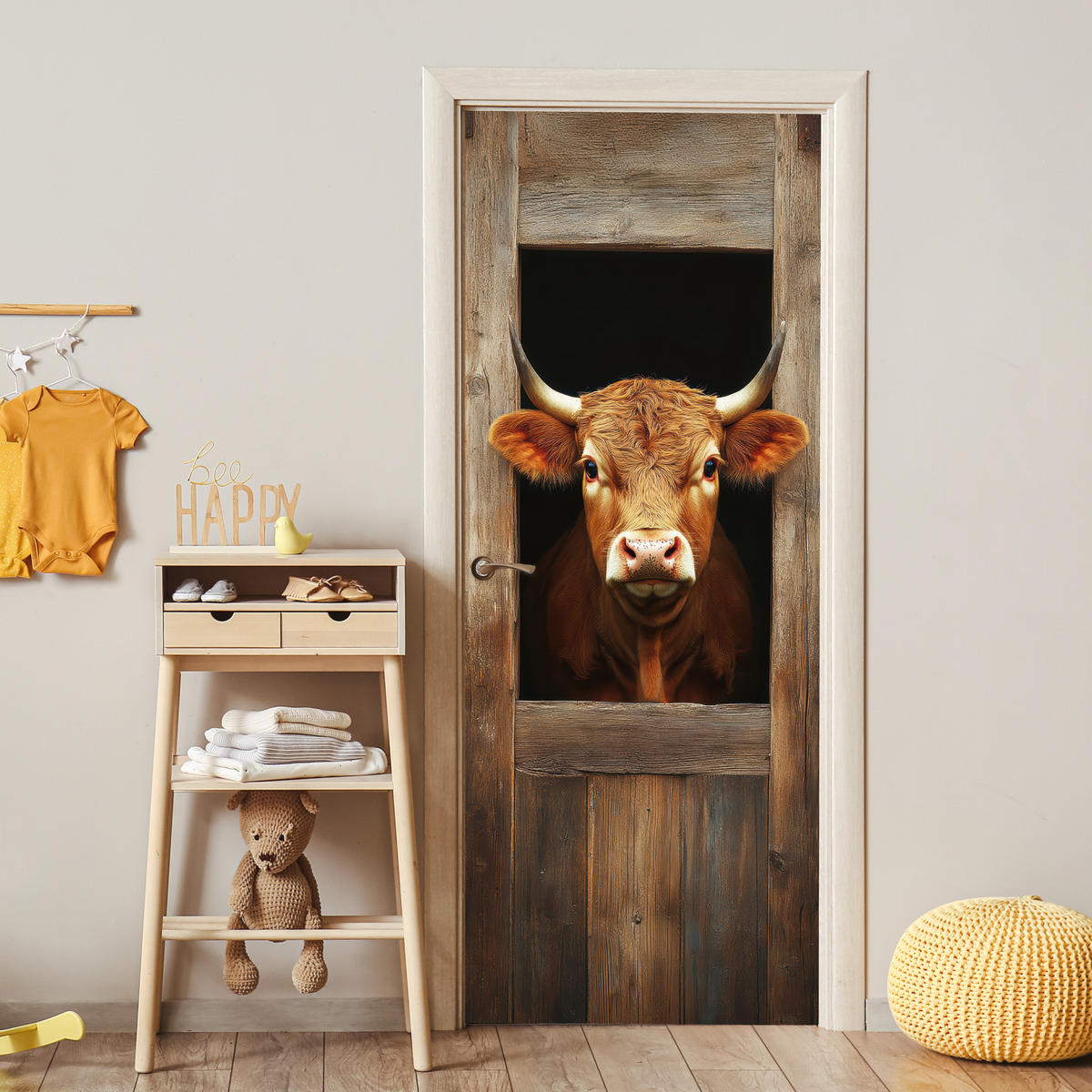 TÜRAUFKLEBER Kuh - Fenster - Holz - Tiere 85x215 cm - Türtapete - Wengefarben, Kunststoff (85/0.1cm) - MuchoWow