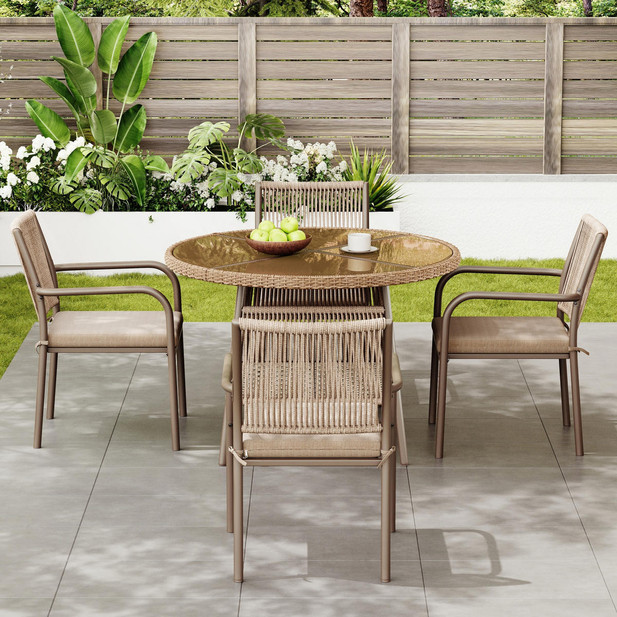 GARTENSET Rattan Tisch 4 Stühle rund Glas - Braun, Glas - LEBENLANG