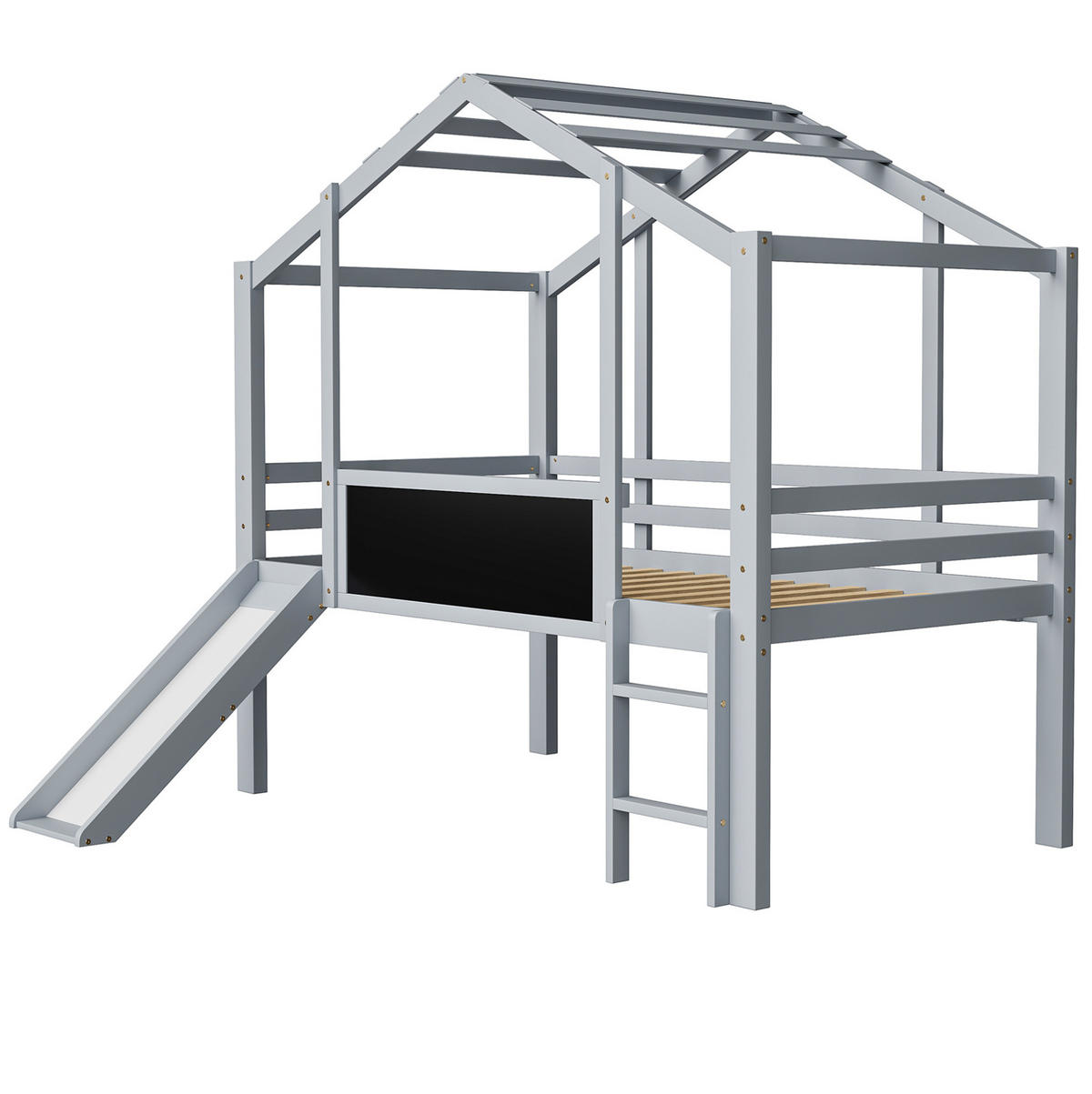 KINDERBETT aus Massivholz 90x200 cm Grau mit Rutsche, Leiter, Tafel und Hausdach - Grau, Holz (90/200cm) - Modfu