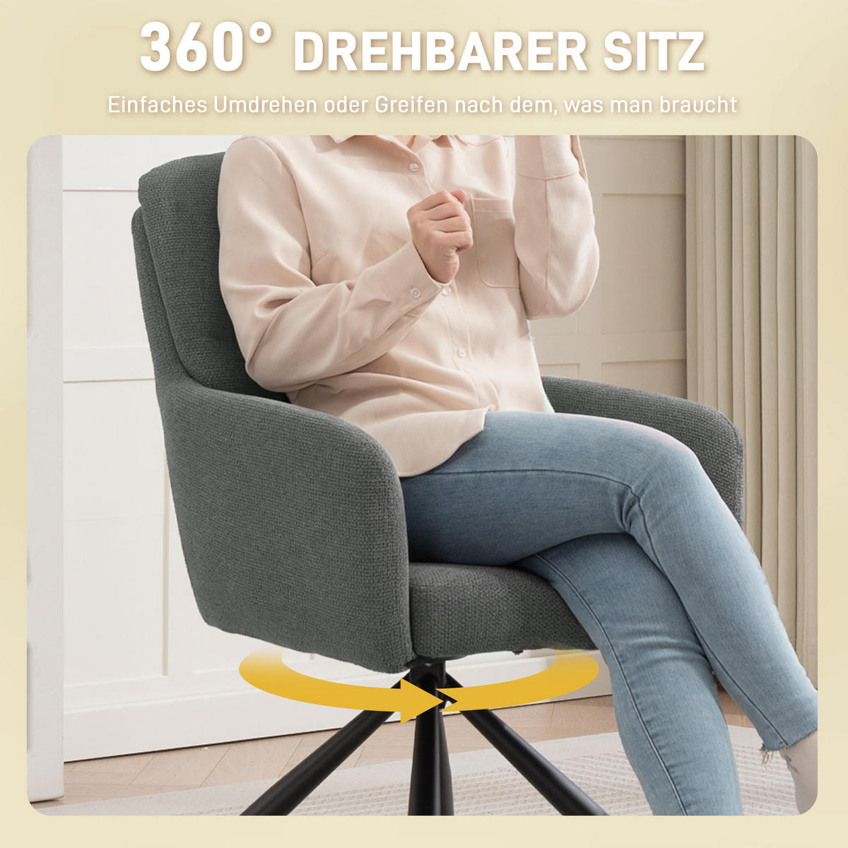 ESSZIMMERSTUHL 360° Drehbar Küchenstuhl mit Leinenbezug, Ergonomisch Grau - Schwarz/Grau, Textil/Metall (63/93/57cm) - HOMCOM
