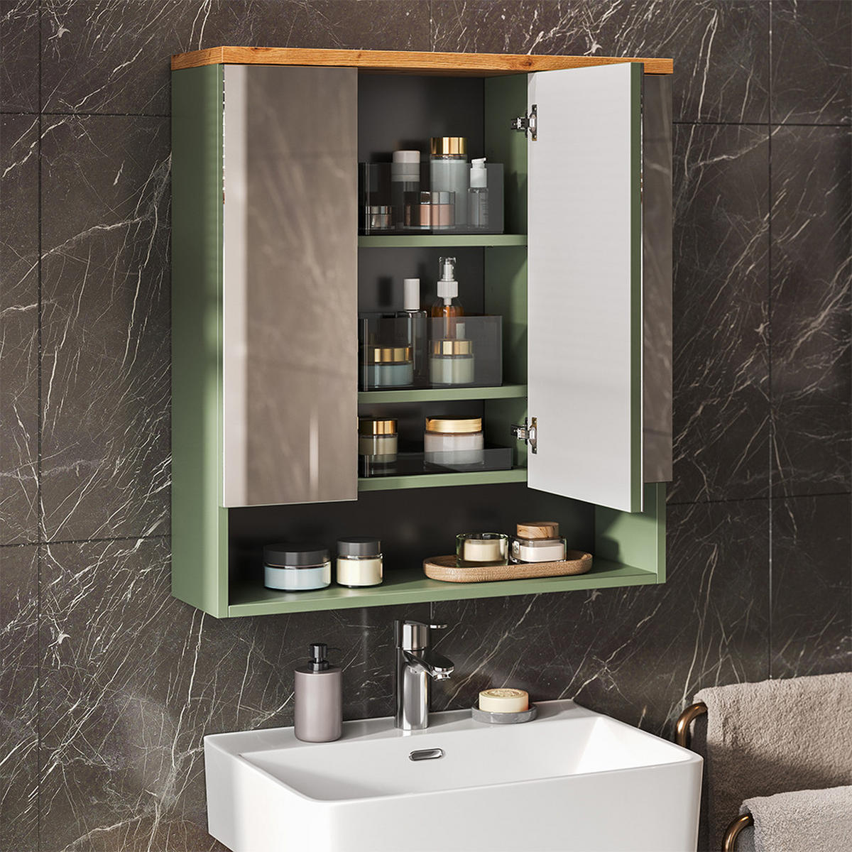 BADSPIEGELSCHRANK Eden Grün/Artisan 70 x 77.5 cm mit 3 Spiegeltüren - Hellgrau/Grün, Holzwerkstoff (70/77.5/21.7cm) - Vicco