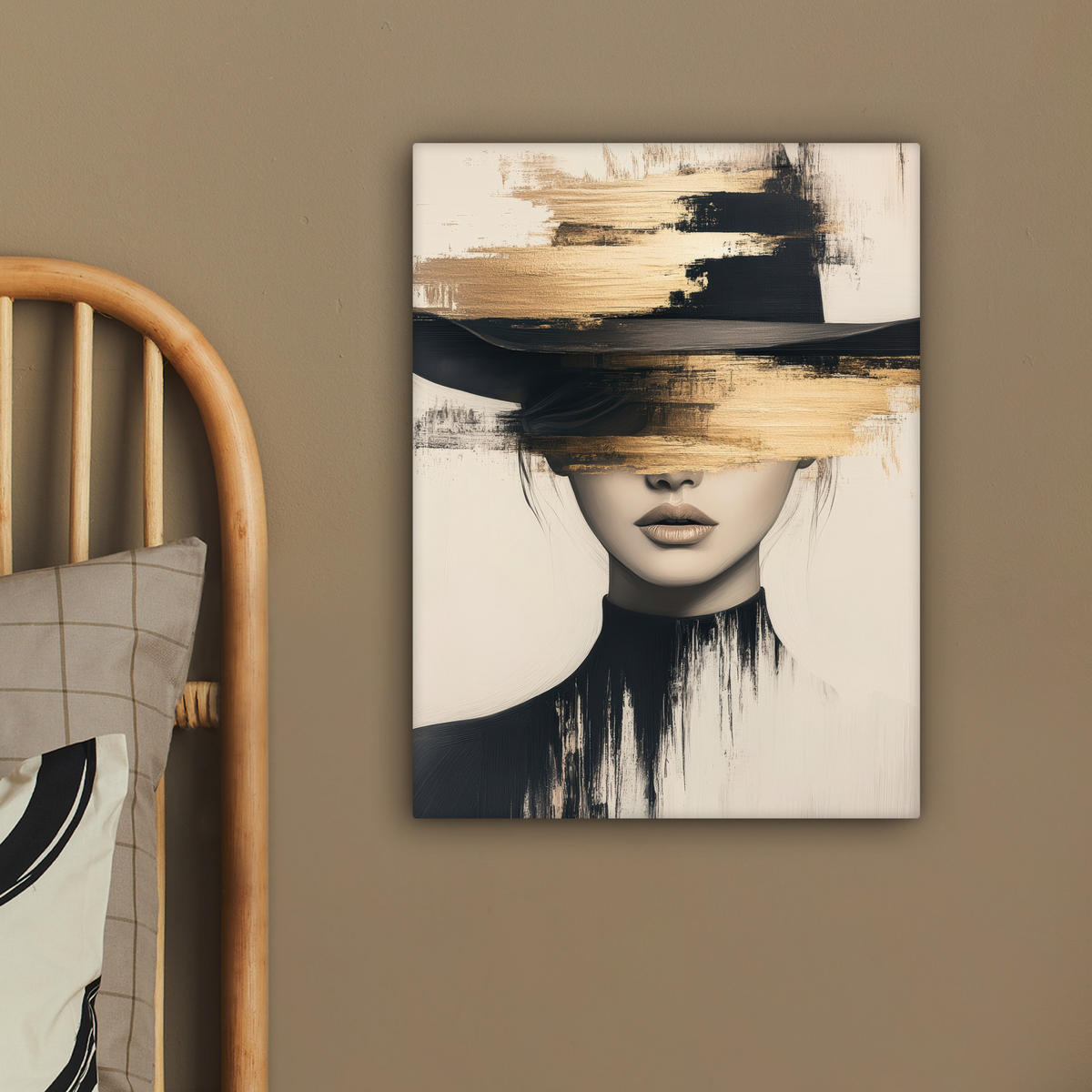 LEINWANDBILD Frau - Hut - Farbe 30x40 cm - Goldfarben, Textil (30/40cm) - MuchoWow