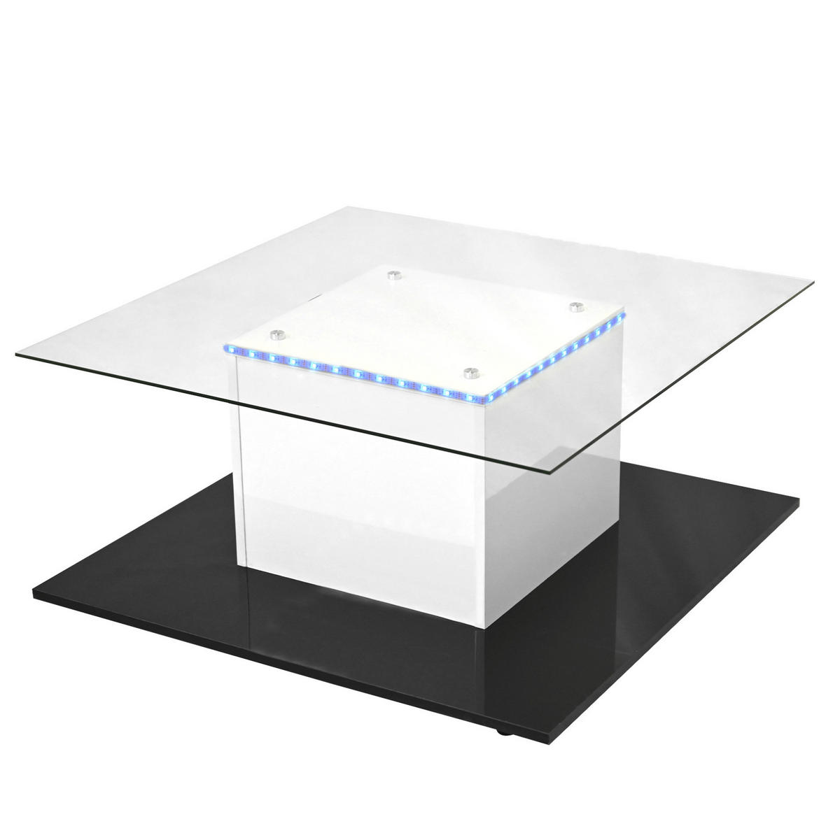 COUCHTISCH aus Spanplatte mit Glasplatte 80x80x40 cm Weiß/Schwarz mit LED-Beleuchtung und Rollen - Weiß, Holzwerkstoff (80/80/40cm) - IVMEU