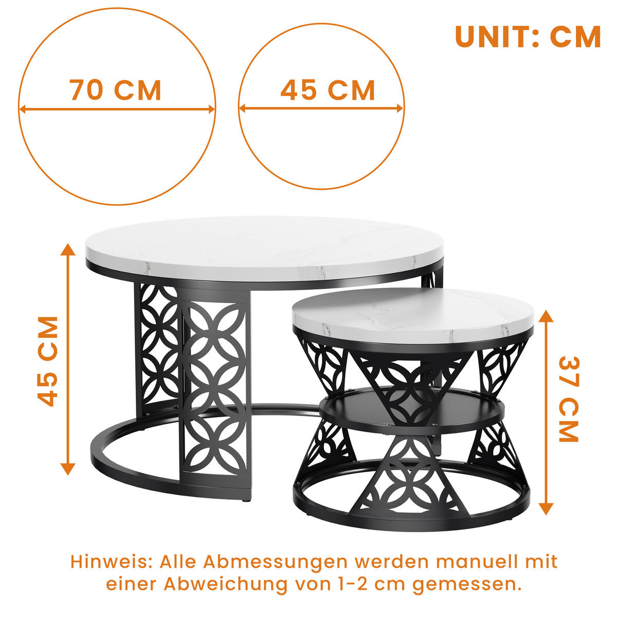 COUCHTISCH Moderner Satztisch 70/70/45 cm + 45/45/37 cm mit Marmor Furnier - Weiß, Holzwerkstoff (70/70/45cm) - OKWISH
