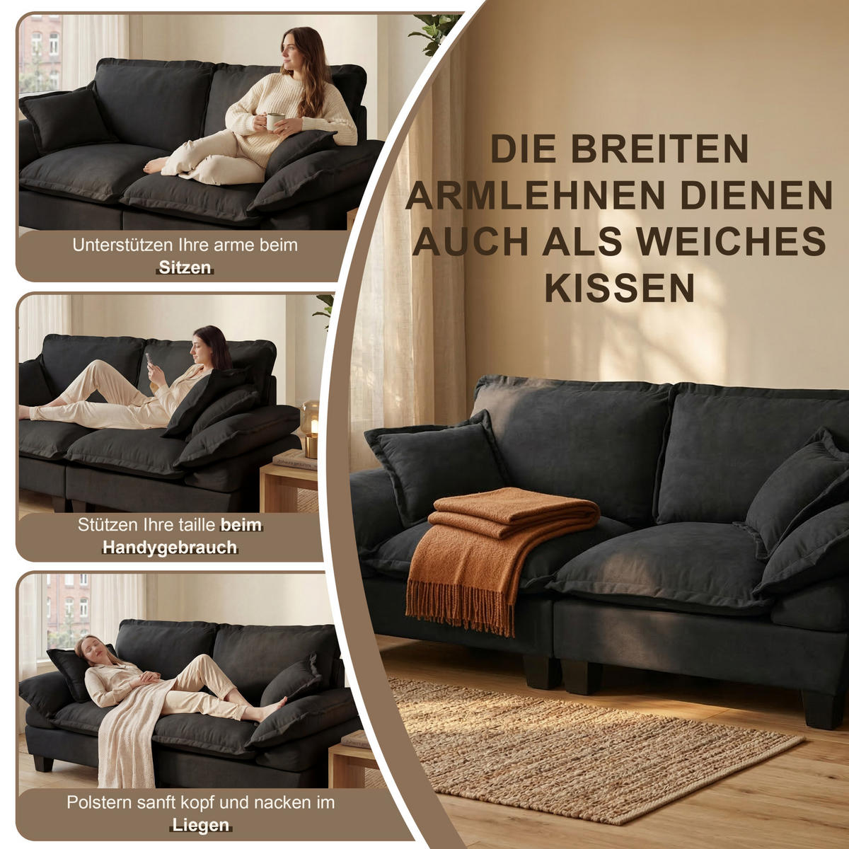 WOHNLANDSCHAFT aus Chenille 392x151x90 cm Schwarz mit USB-Anschluss, Stauraum, Getränkehaltern und 2 Ottomanen - Schwarz, Textil (392/90/151cm) - Modfu