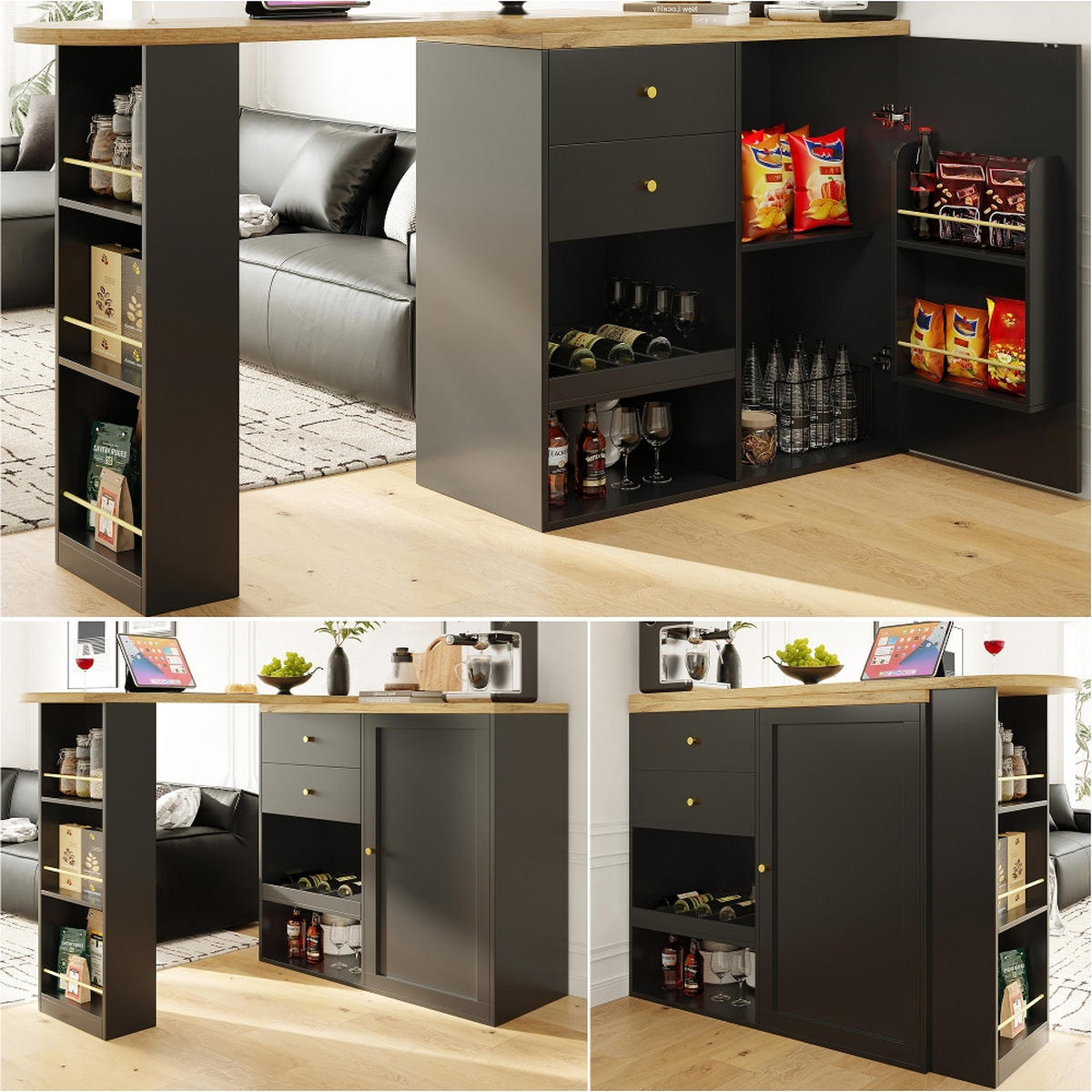 KÜCHENINSEL DREHBARER BARTISCH mit Schubladen, Schiebetürschrank, MDF, Schwarz, 105/39/102 cm - Schwarz, Kunststoff (39/102/105cm) - Rolipo