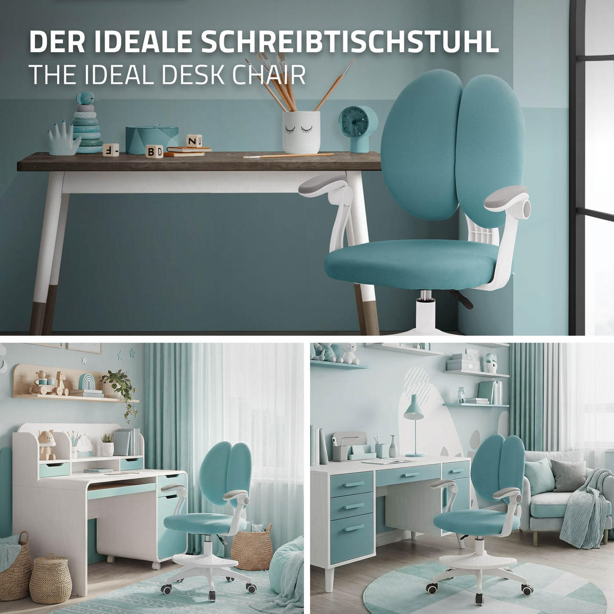 DĚTSKÁ ŽIDLE K PSACÍMU STOLU, petrolová, 95–107 cm, z polyesteru - bílá/petrolejová, textil/plast (53/107/53cm) - ML-DESIGN