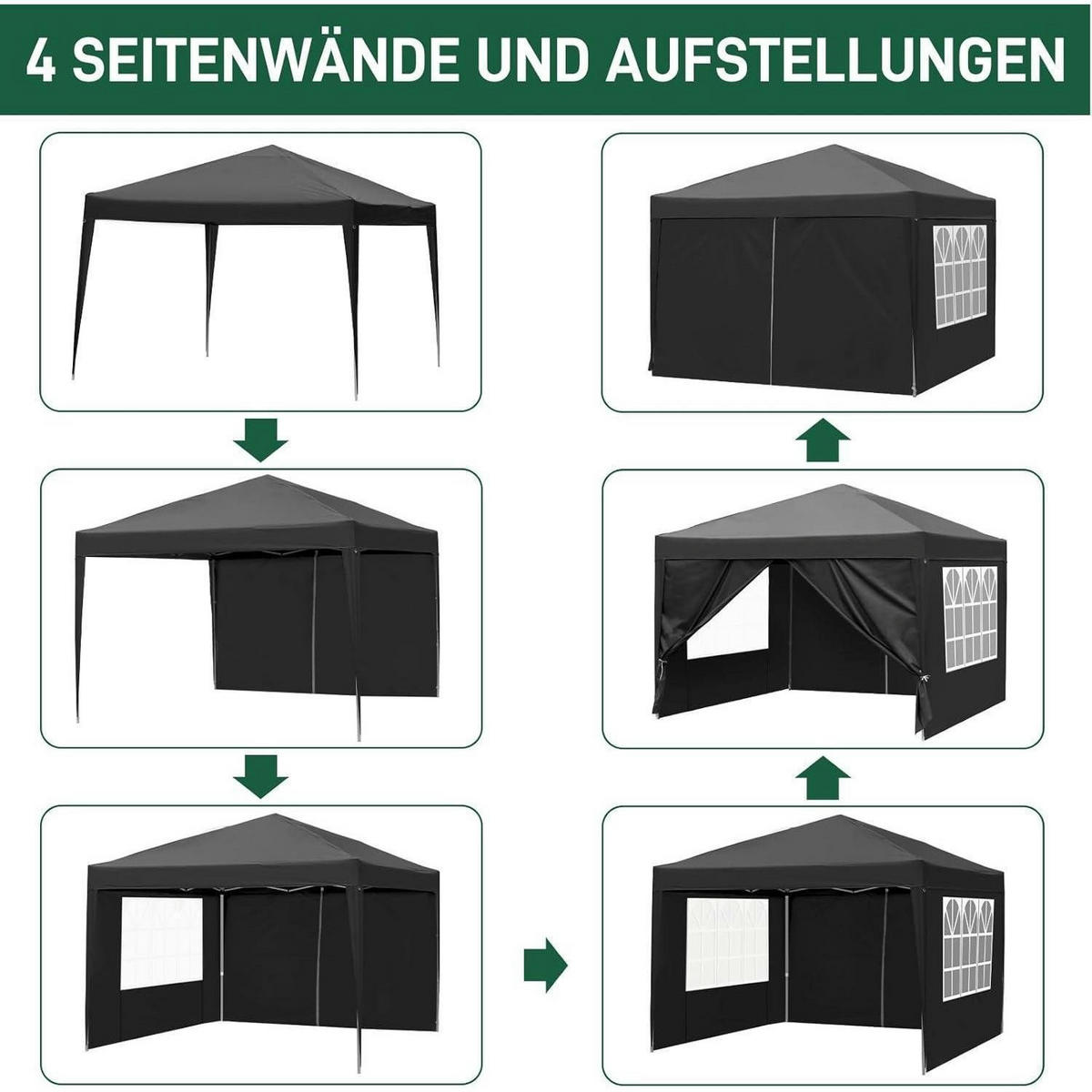FALTPAVILLON 3 x 3 m mit 4 Seitenteilen Schwarz - Schwarz, Textil (300/255/300cm)