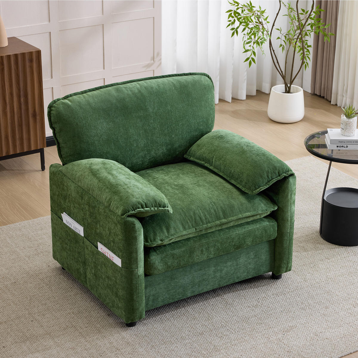 SOFA Chenille Dunkelgrün mit Doppeltaschen - Grün, Holzwerkstoff/Textil (96/90/92cm) - WISHDOR