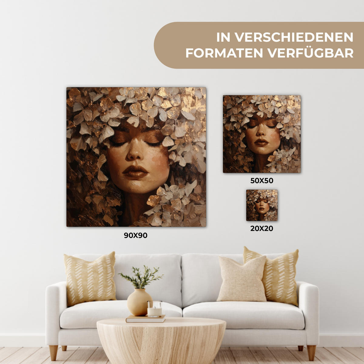 LEINWANDBILD Gesicht - Dame - Blätter - Pinselstriche Wandbild Wohnzimmer 50x50 cm - Goldfarben, Textil (50/50cm) - MuchoWow
