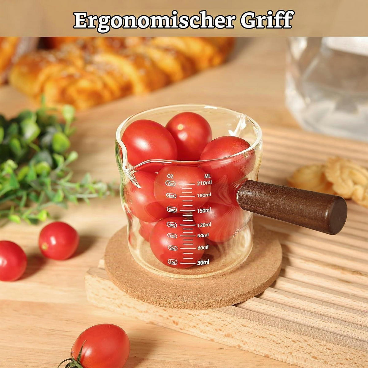 MESSBECHER Glas mit Holzgriff 210 ml - Transparent, Glas (0.21L)