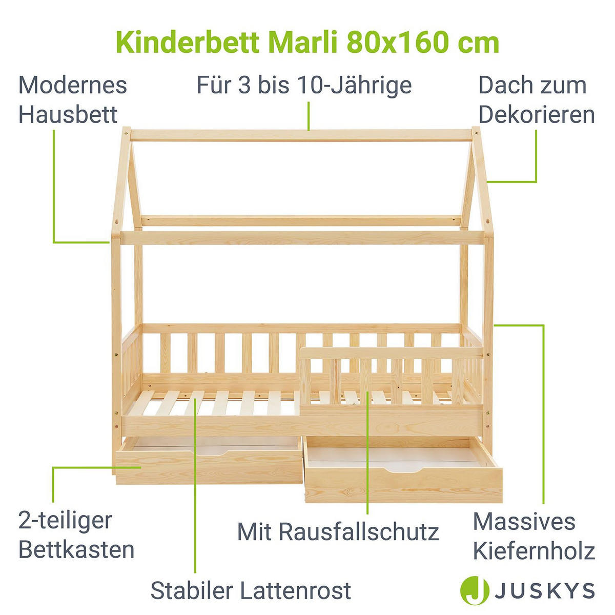 KINDERBETT Marli natur 80x160 cm mit Bettkasten und Matratze - Naturfarben, Holz (80/160cm) - Juskys