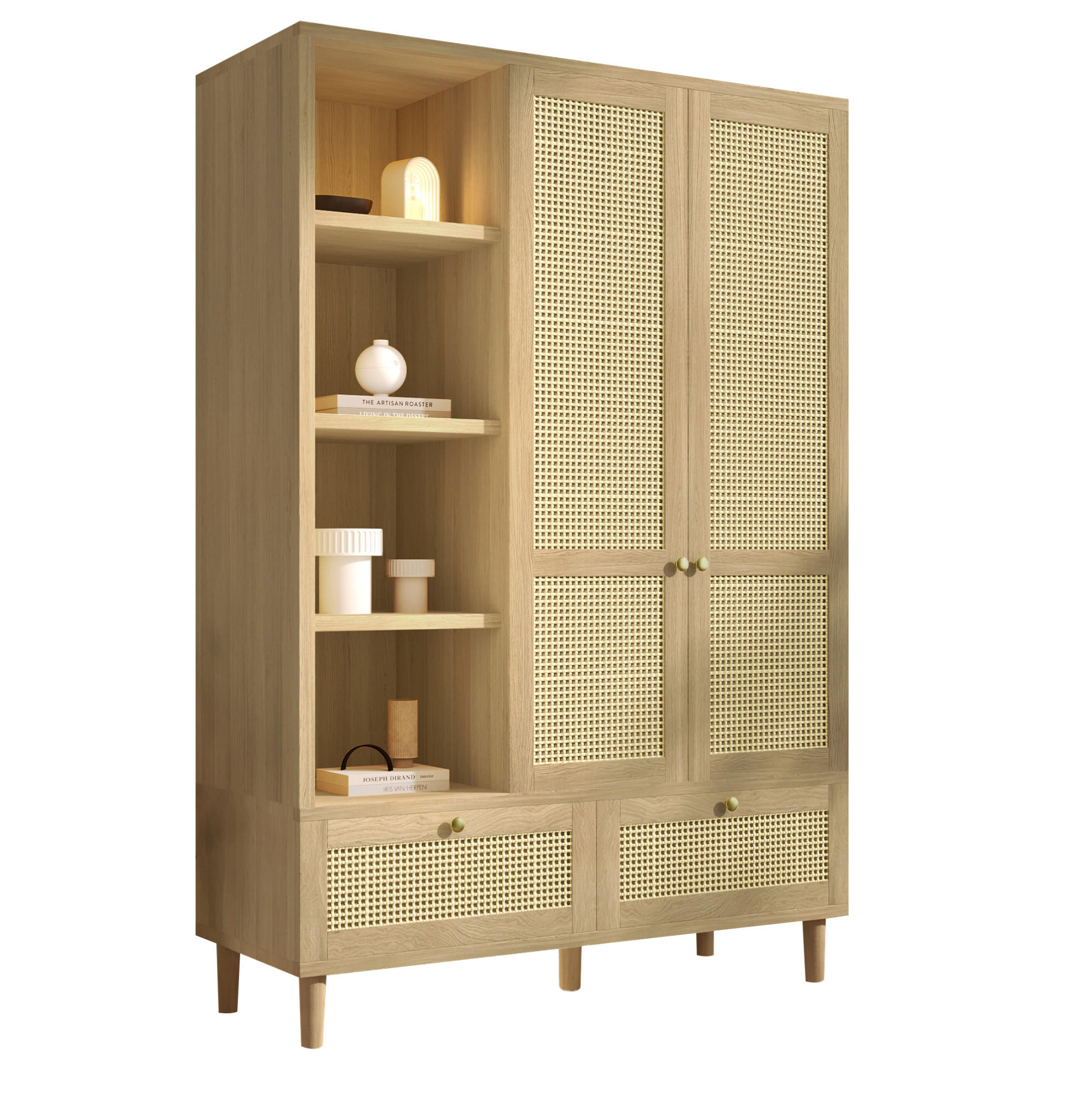 KLEIDERSCHRANK 50/120/180 cm eichefarben aus MDF, Massivholz und Metall mit Rattangeflecht - Eichefarben, Holz (120/180/50cm) - OKWISH