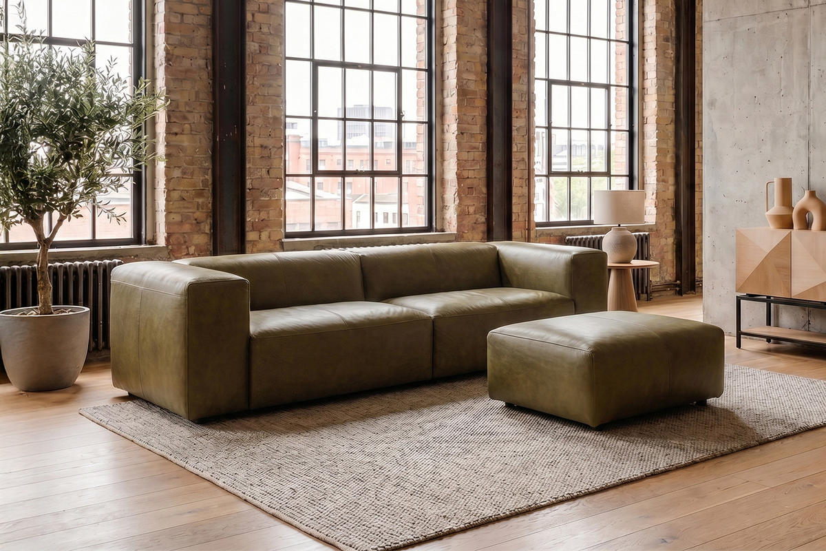 SOFA CELESTE Dunkelgrün Leder - Dunkelgrün/Schwarz, Leder/Kunststoff (302/114cm) - KAWOLA