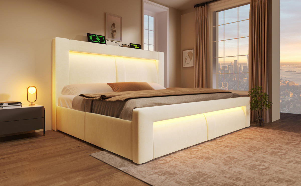 TAPECIRANI krevet 140/200 cm s LED osvjetljenjem, USB i Type-C priključcima te hidrauličnim spremištem, Bež - bež, tekstil (140/200cm) - Redom