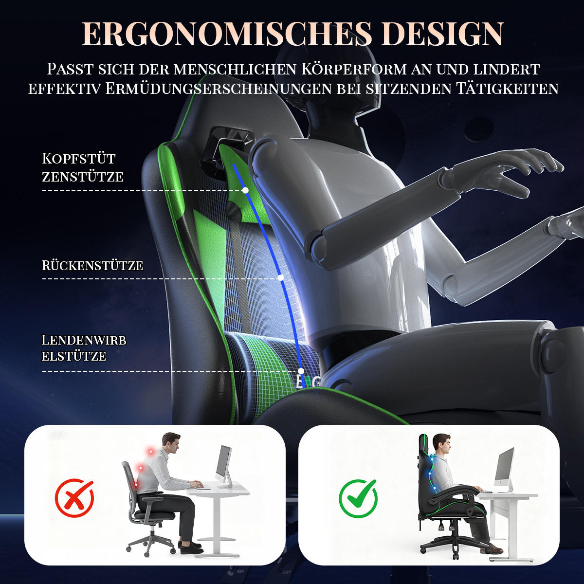 GAMINGSTUHL Schwarz-Grün,mit Massage,Fußstütze, Ergonomisch, Verstellbar - Grün, Metall (26/59/77cm) - Rattrix