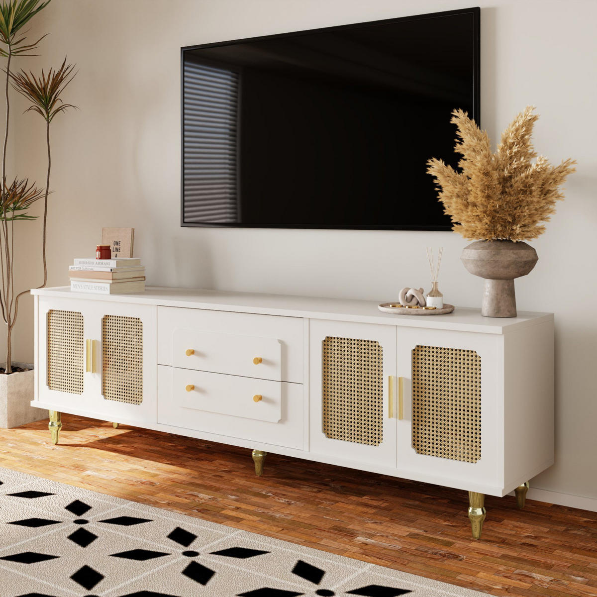 TV-LOWBOARD 175 cm Weiß mit Türen, Goldgriffen und Massivholzbeinen - Weiß, Holz (175/55/38cm) - PARAFTA HOME