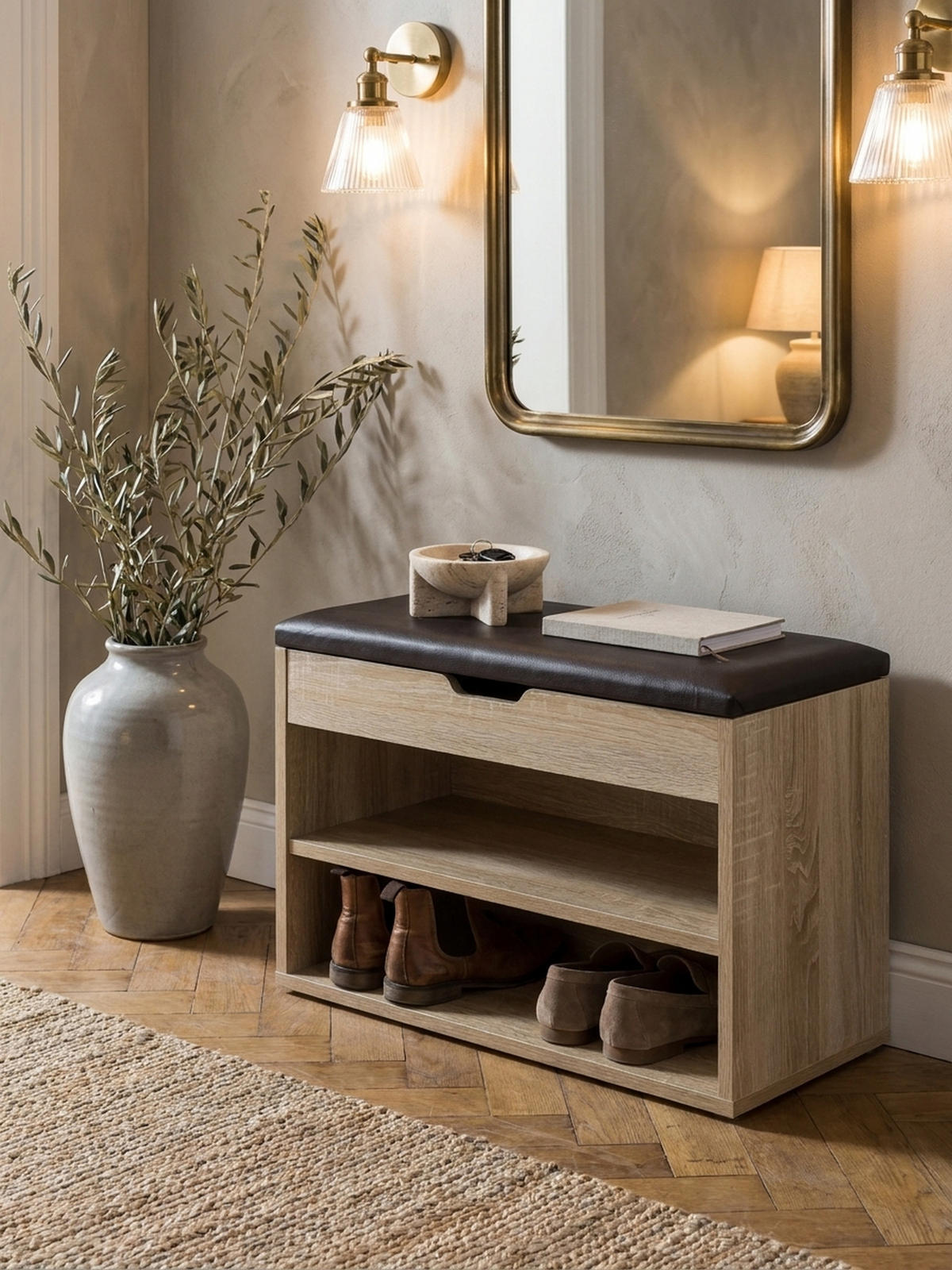 SCHUHBANK gepolstert mit Stauraum, Beige 60x30x40 cm - Beige/Schwarz, Holz/Textil (60/40/30cm) - KADIMA DESIGN