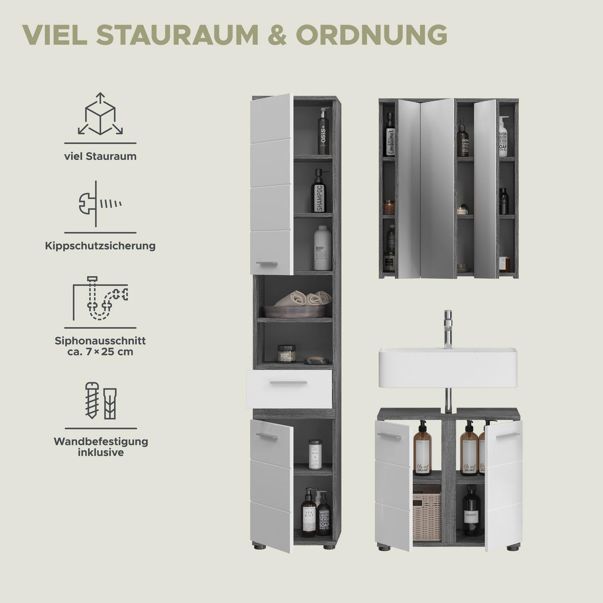BADKOMBINATION 3tlg. Blake Bad in Rauchsilber Nachbildung und weiß hochglanz B/H/T: 114x191x34 cm - Anthrazit, Holz (114/191/34cm)