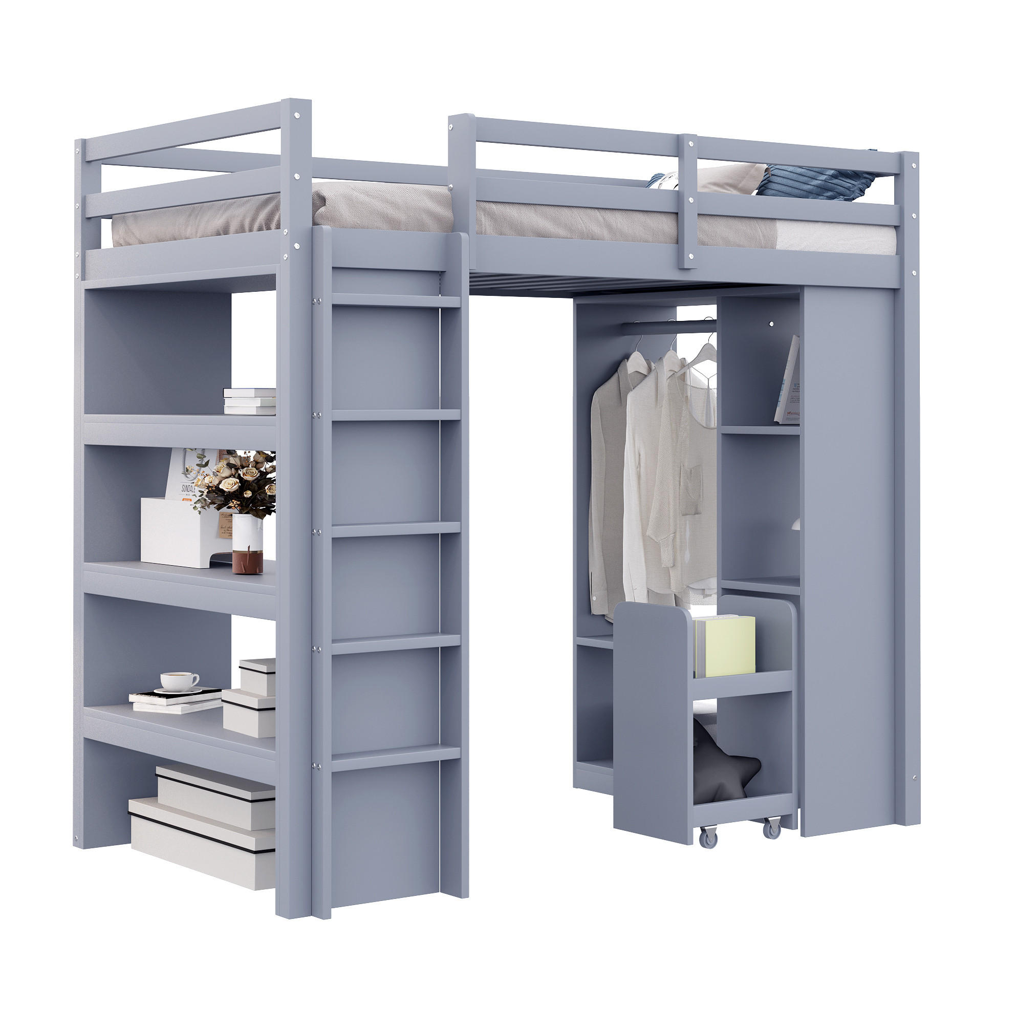 HOCHBETT 90/200 cm grau mit Stauraum und abnehmbarem Trolley mit Matratze - Grau, Holzwerkstoff (90/200cm) - OKWISH