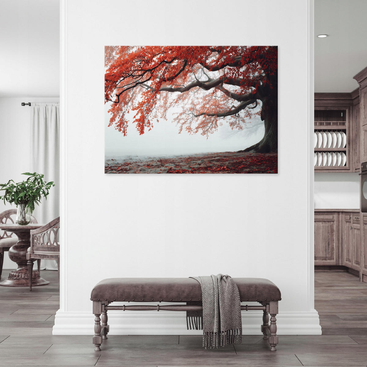 LEINWANDBILD Baum Nebel Orange 60x40 cm - Multicolor, Holzwerkstoff (60/40cm) - Wallarena