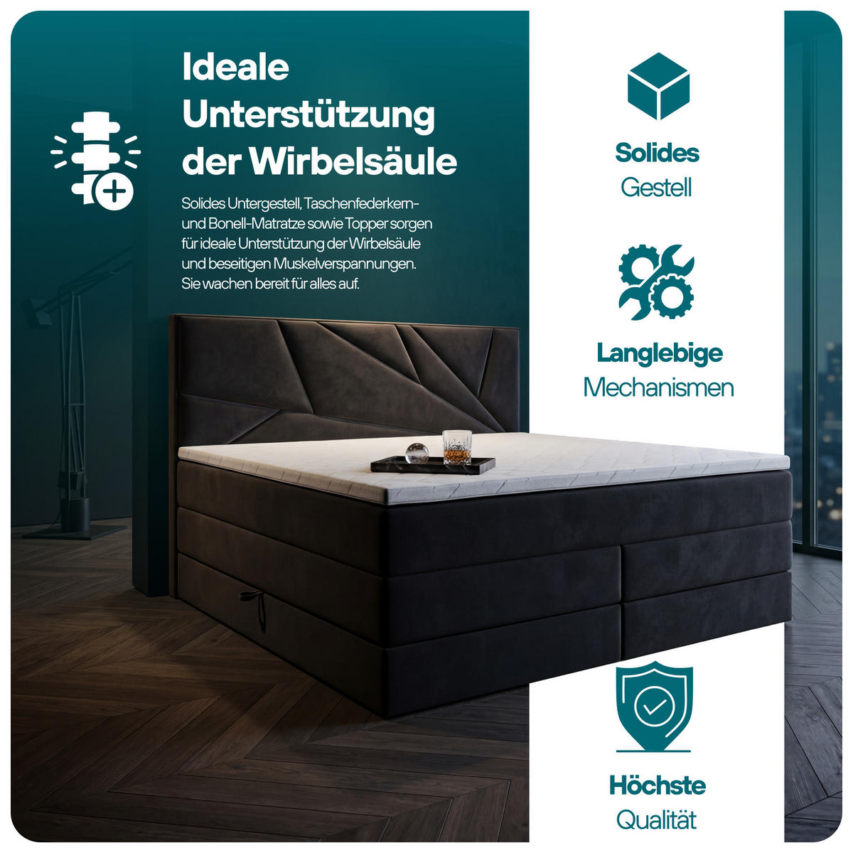 BOXSPRINGBETT VERDE LUX 200x200 cm, Bonell und Taschenmatratze, Topper 5 cm und Stauraum, Samtstoff, Schwarz - Schwarz, Holz/Kunststoff (200/200cm) - Trada