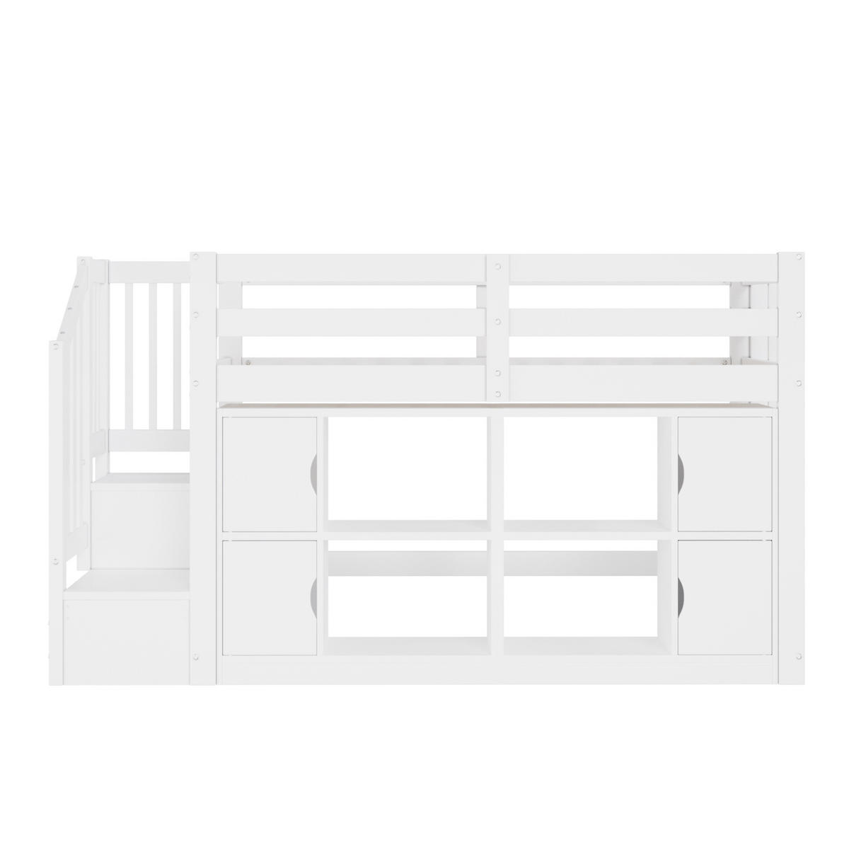 HOCHBETT aus Kiefernholz und MDF 90x200 cm Weiß mit Stauraumtreppe, Schränken und LED-Beleuchtung - Weiß, Holzwerkstoff (90/200cm) - Modfu