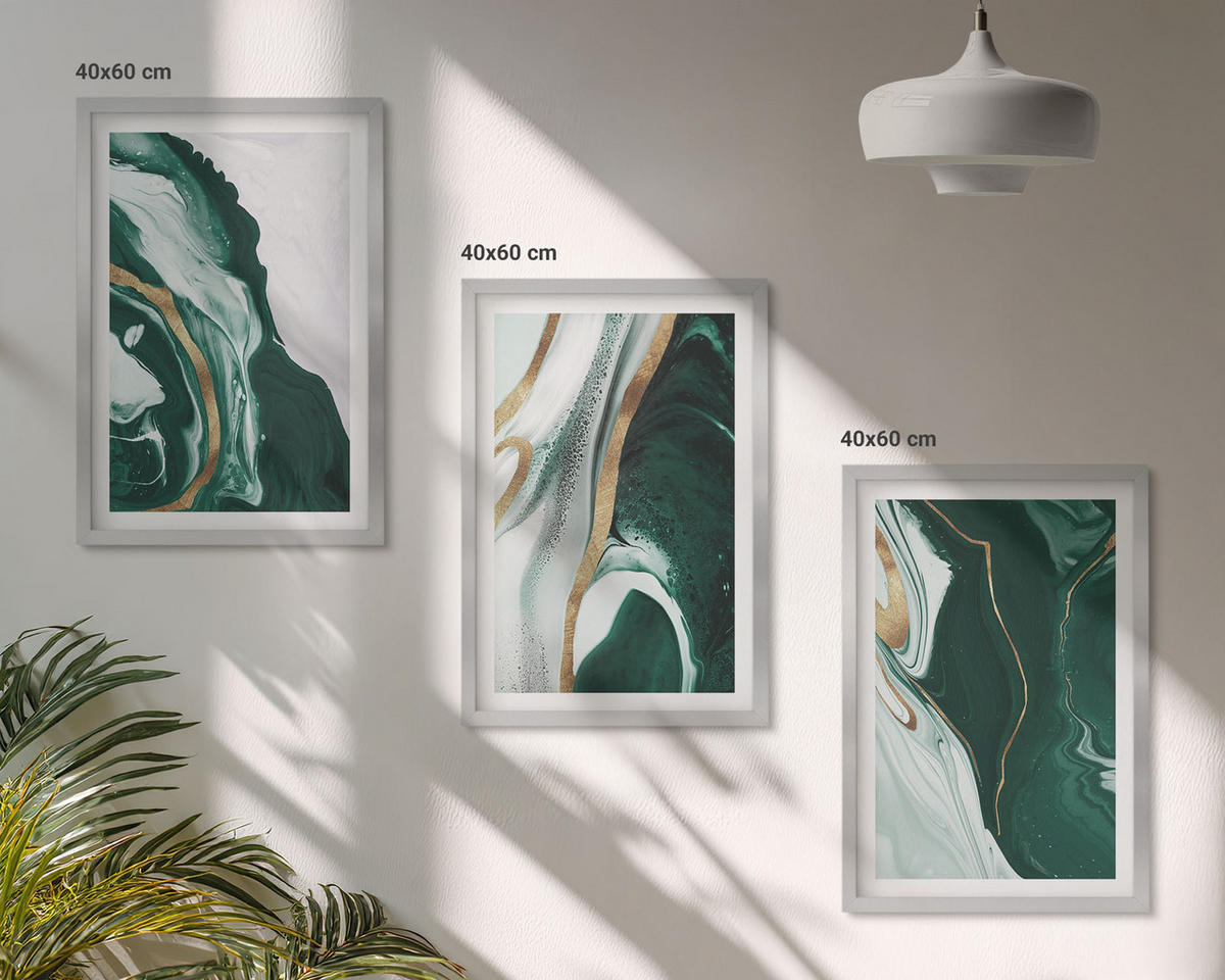 BILDER SET 3er Set - 40x60 cm Silberner Rahmen - Abstrakte grüne Farbmuster - Silberfarben, Kunststoff (40/60cm) - TULUP