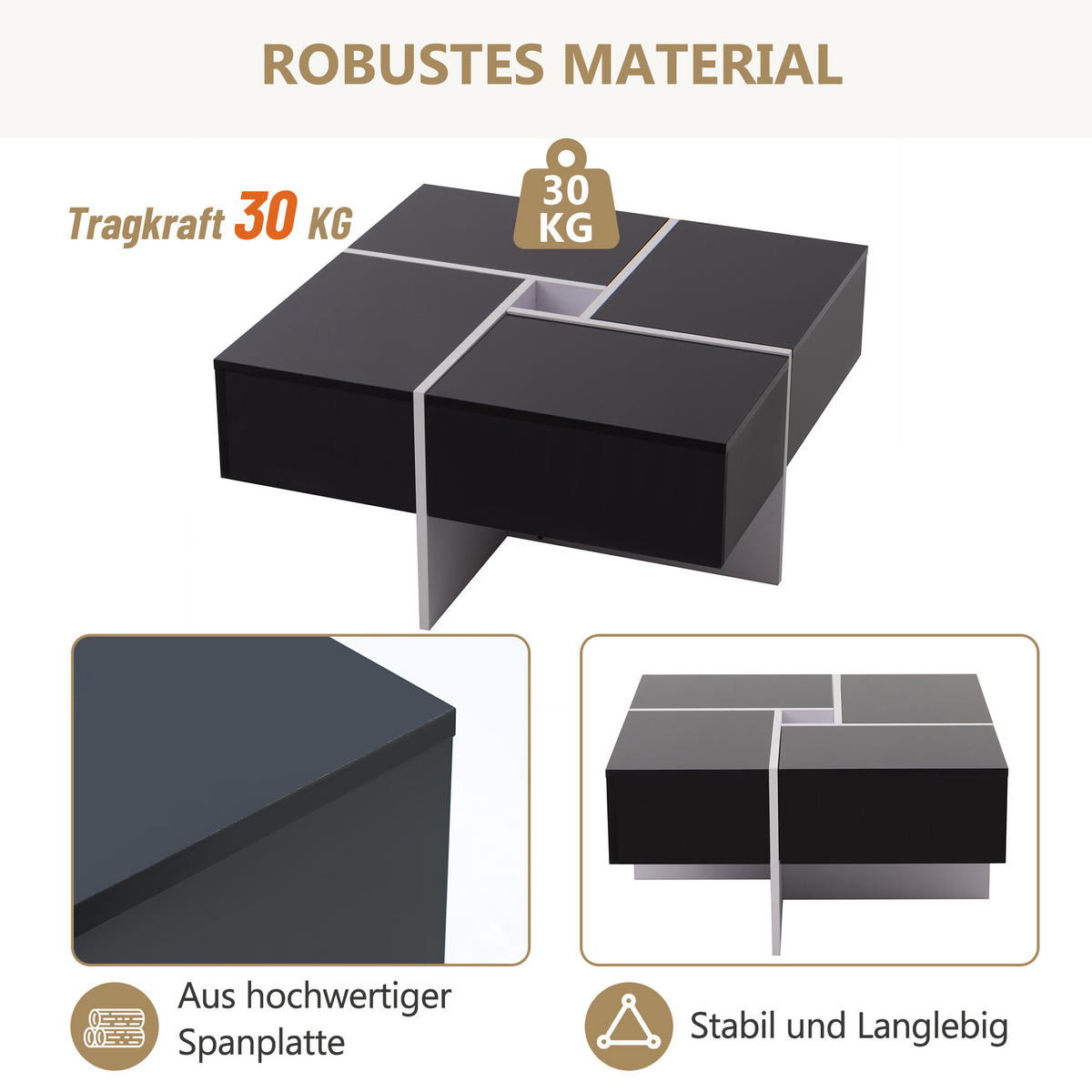COUCHTISCH Hochglanz Oberfläche Schwarz Weiß mit 4 Schubladen und offenem Stauraum - Schwarz, Holzwerkstoff/Metall (70/70/35cm) - Urban Meuble