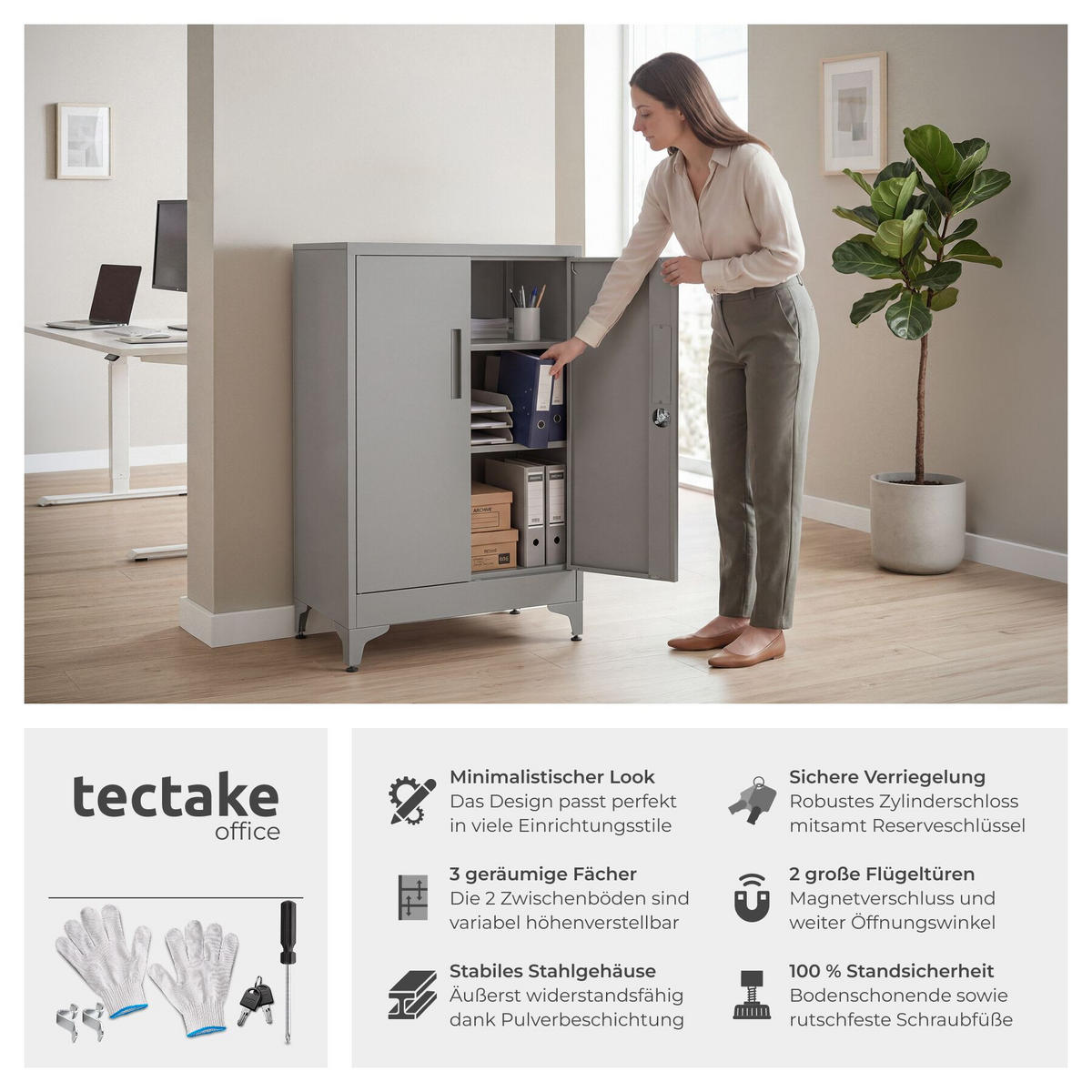 AKTENSCHRANK Blake, Kippschutz, höhenverstellbare Füße, grau - Grau, Metall (60/100/40cm) - tectake