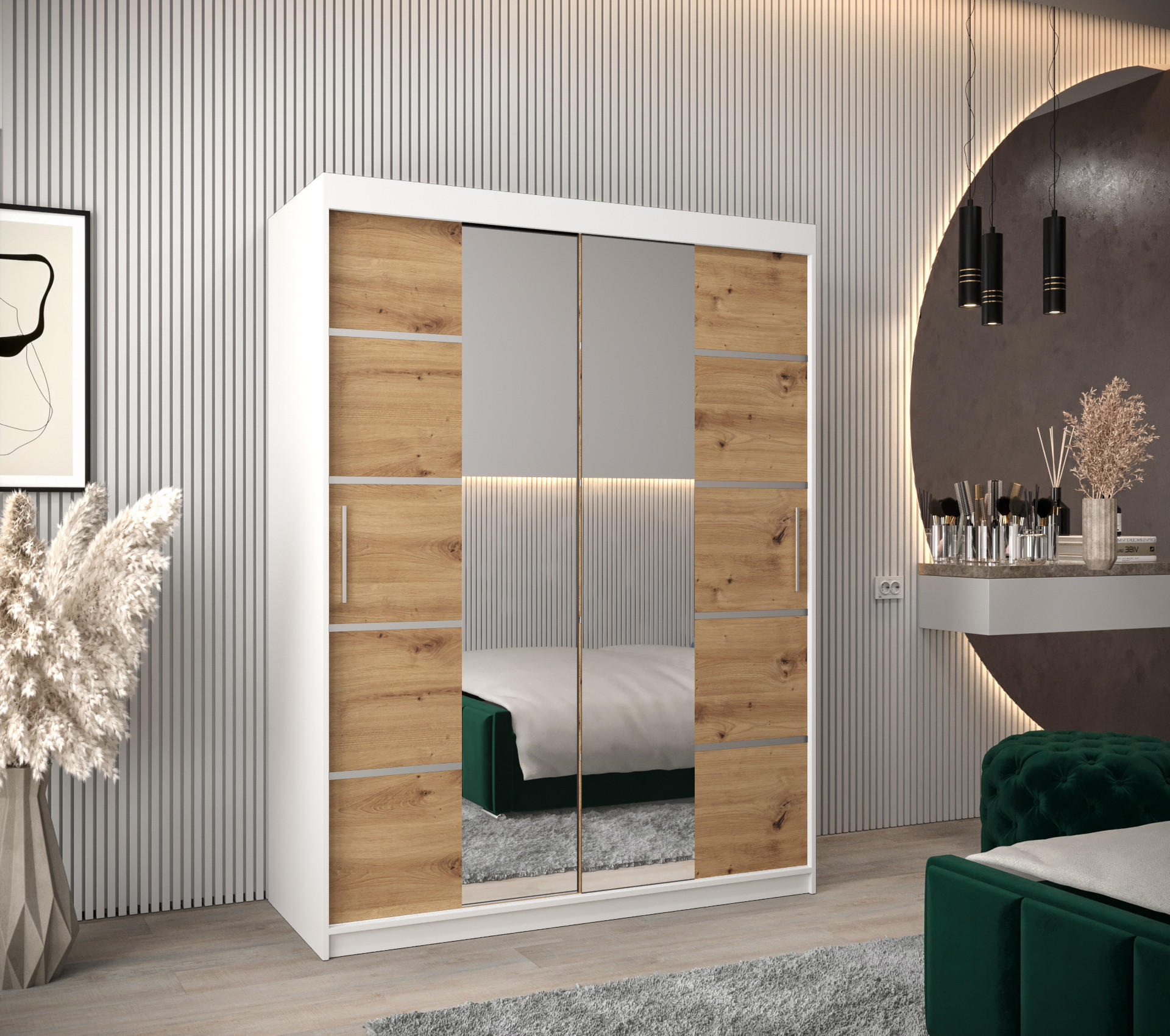 SCHWEBETÜRENSCHRANK 200/150/62 2-türig - Silberfarben/Eiche Artisan, Holz/Kunststoff (150/200/62cm) - MÖBEL KRYSPOL