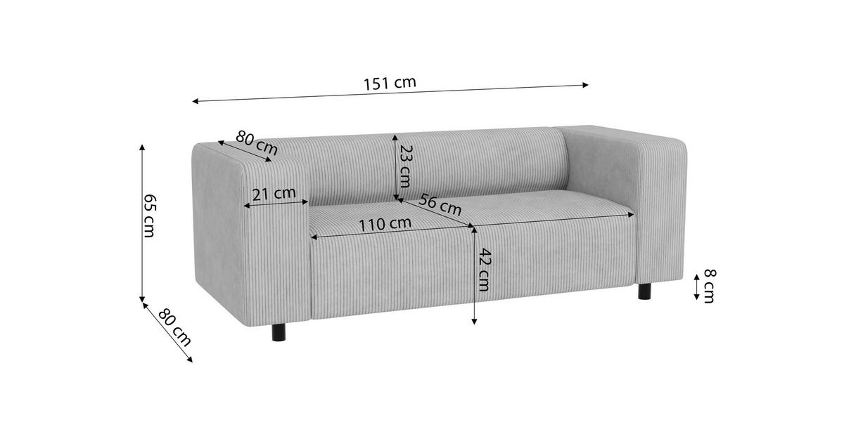 2-SITZER-SOFA Tove Hellgrau Cord - Hellgrau/Schwarz, Holz/Kunststoff (151/65/80cm) - S-Style Möbel