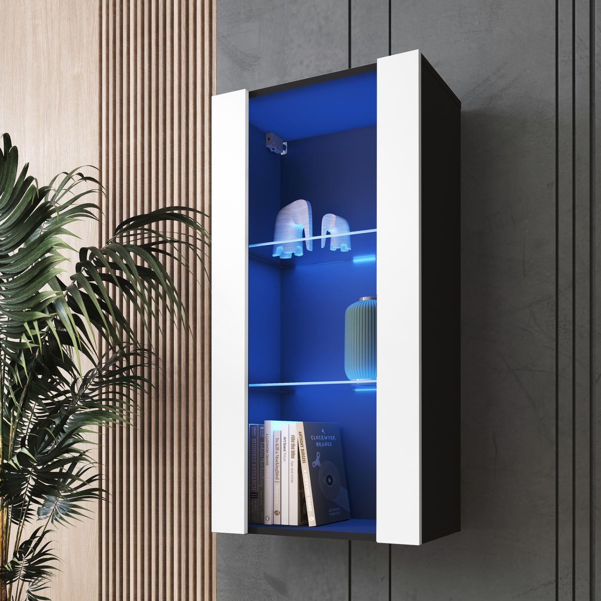 HÄNGEVITRINE TIVOLI Vertical 100, Weiss, LED Blau - Schwarz/Weiß, Glas/Holzwerkstoff (50/100/29.5cm) - Komodee