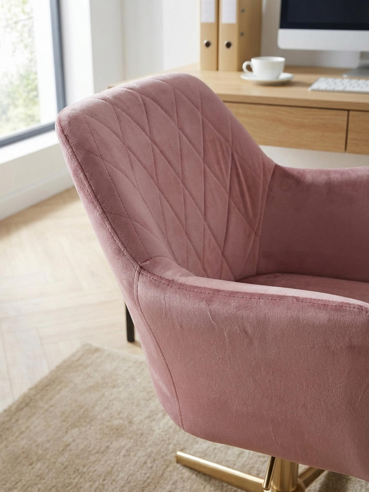 DREHSTUHL Samt mit Armlehnen Eisengestell 360° Funktion, Rosa 97x55x55 cm - Pink/Goldfarben, Textil/Metall (97/55/55cm) - KADIMA DESIGN