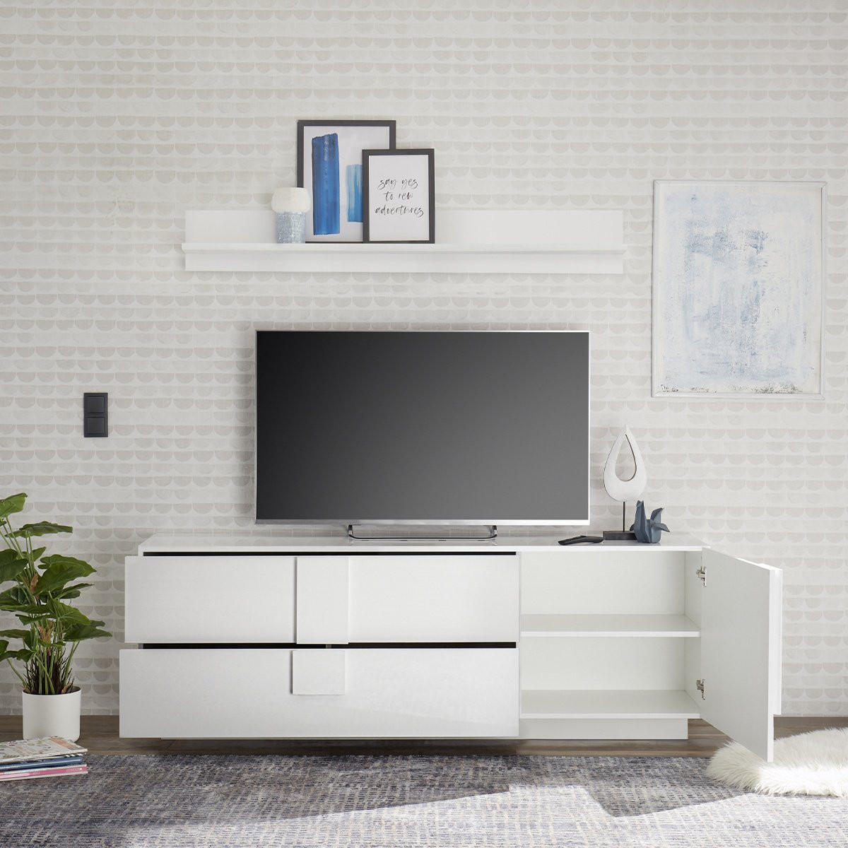 TV-MÖBEL mit 2 Schubladen und 1 Tür L182 cm - Jupiter - Weiß, Holzwerkstoff (44/63/182cm) - Calicosy